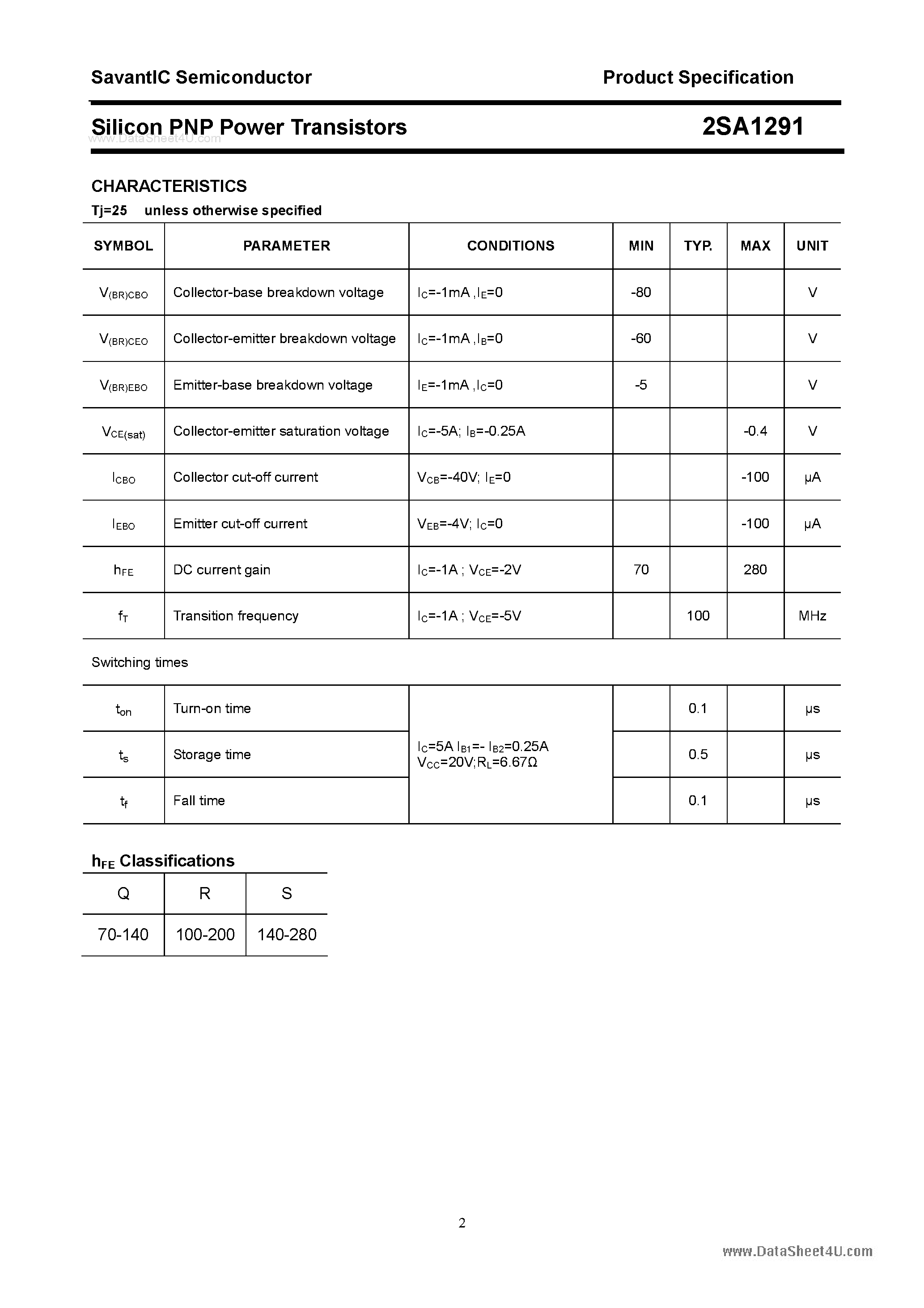 Datasheet 2SA1291 page 2 Datasheet 2SA1291 - SILICON POWER TRANSISTOR page 2