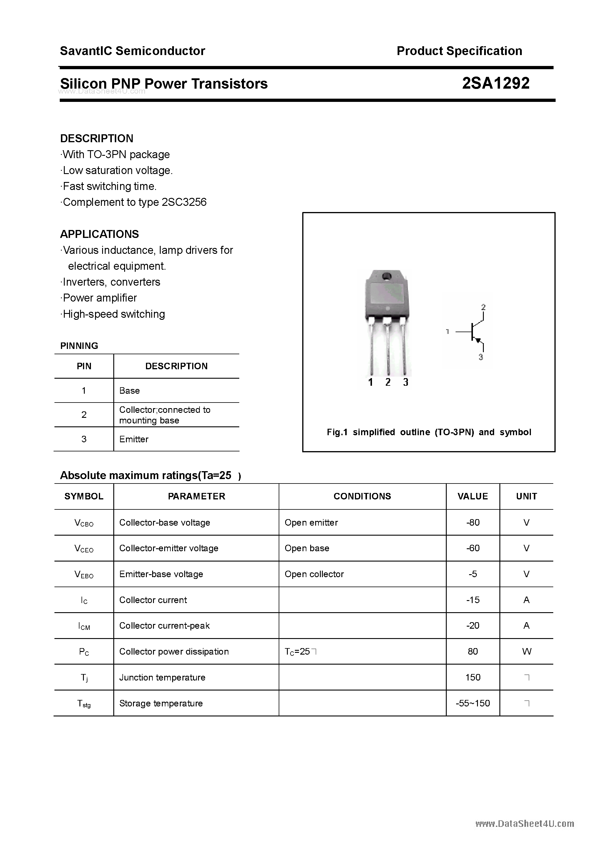 Datasheet 2SA1292 page 1 Datasheet 2SA1292 - SILICON POWER TRANSISTOR page 1