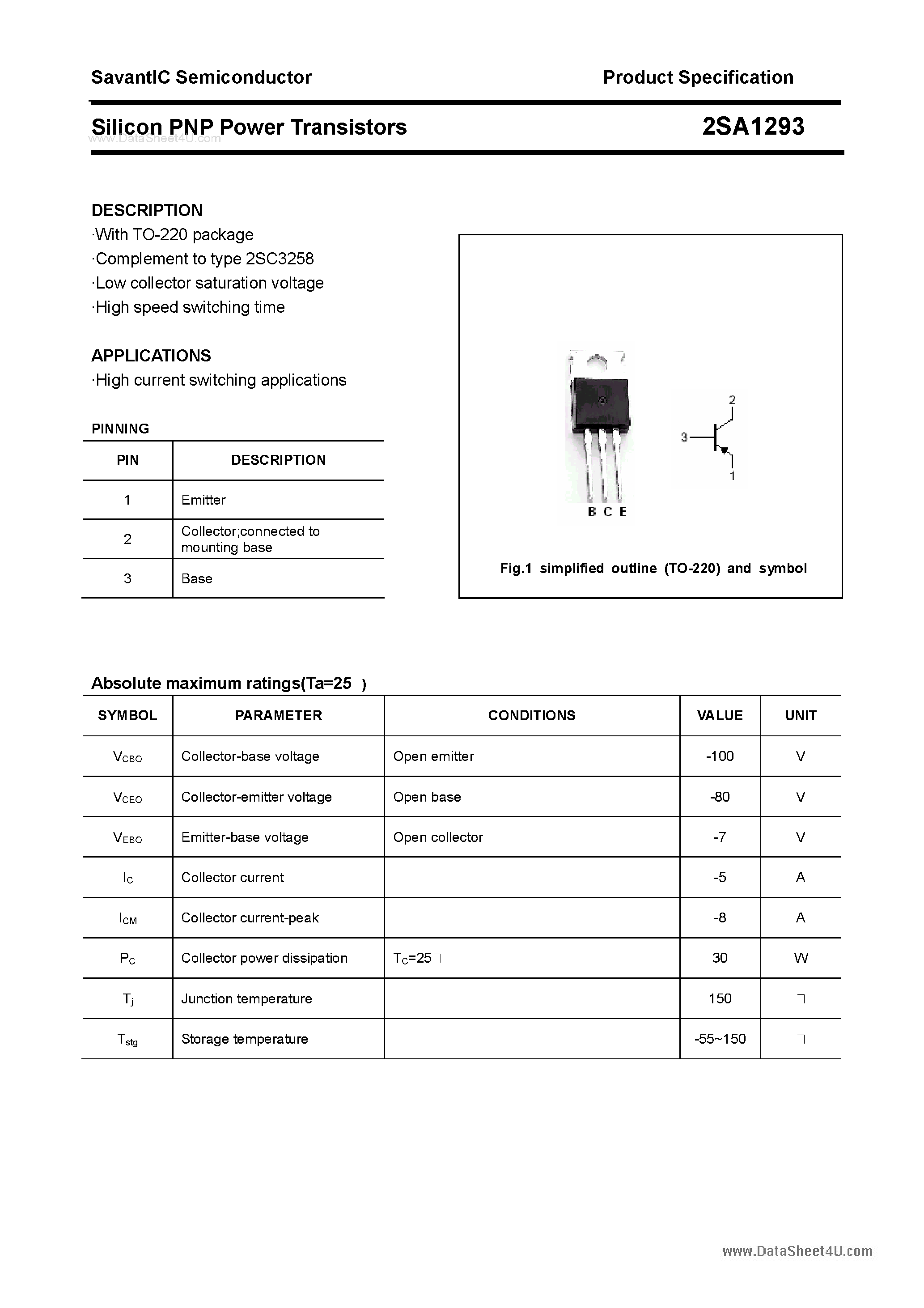 Datasheet 2SA1293 page 1 Datasheet 2SA1293 - SILICON POWER TRANSISTOR page 1