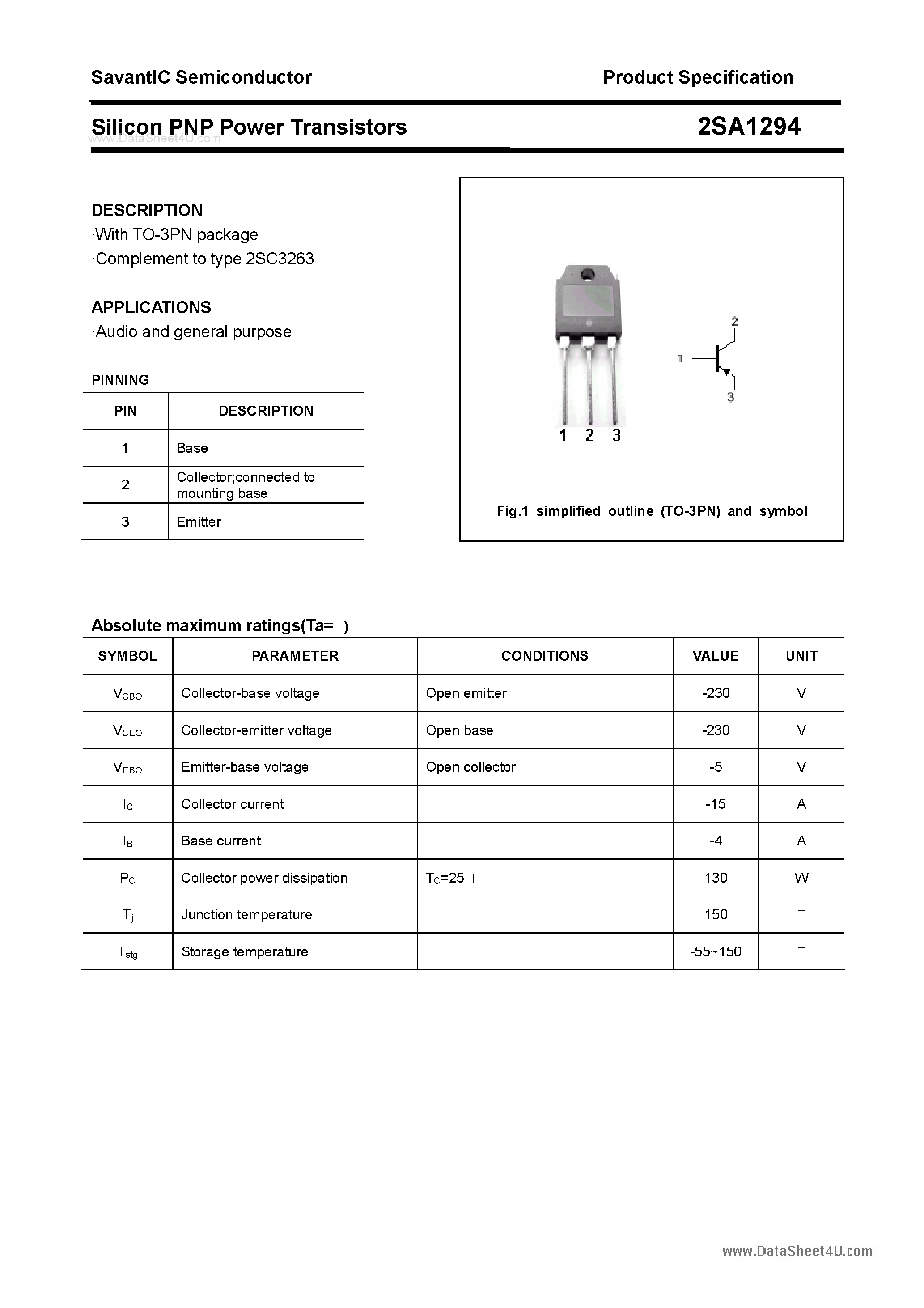 Datasheet 2SA1294 - SILICON POWER TRANSISTOR page 1