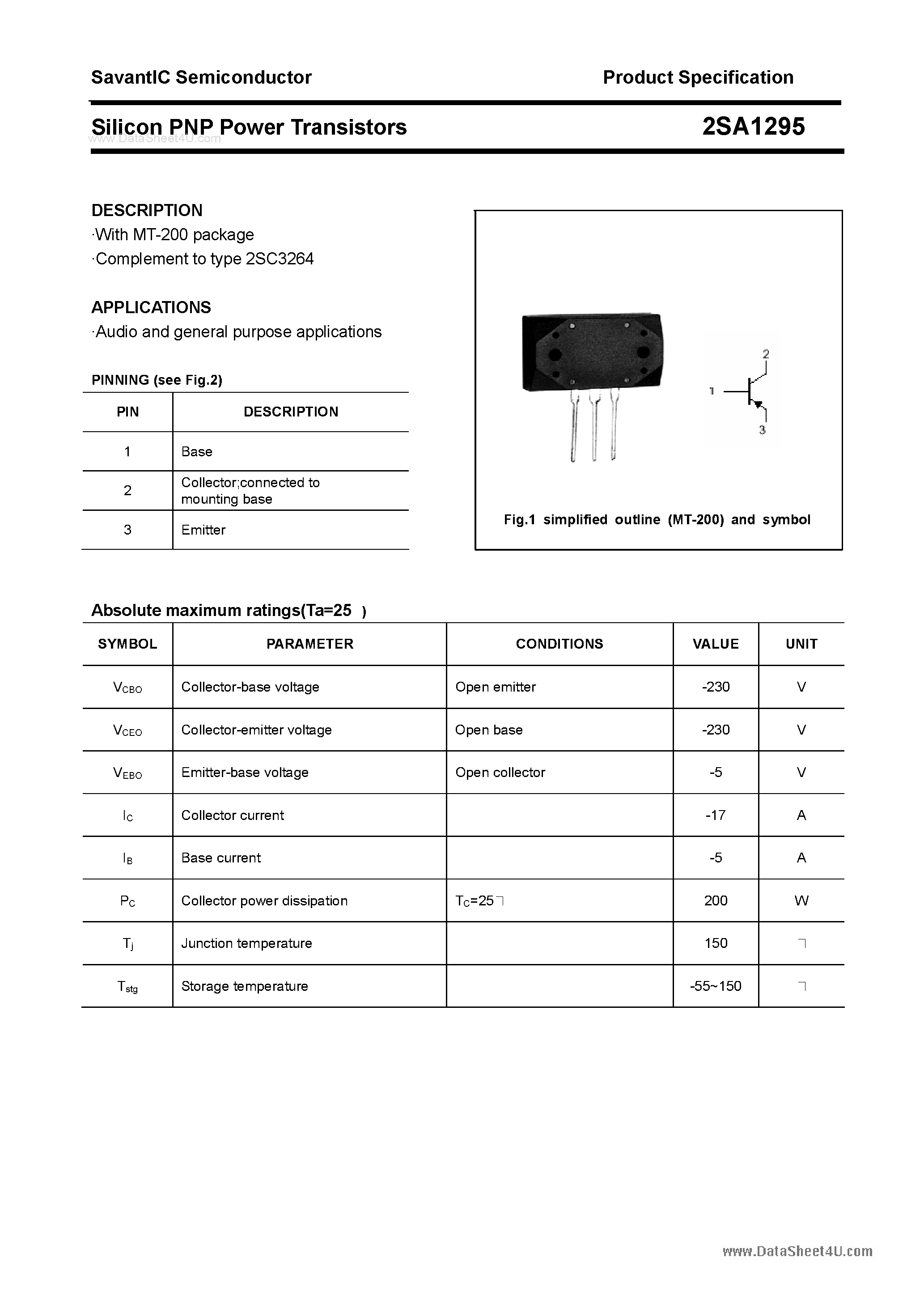 Datasheet 2SA1295 page 1 Datasheet 2SA1295 - SILICON POWER TRANSISTOR page 1