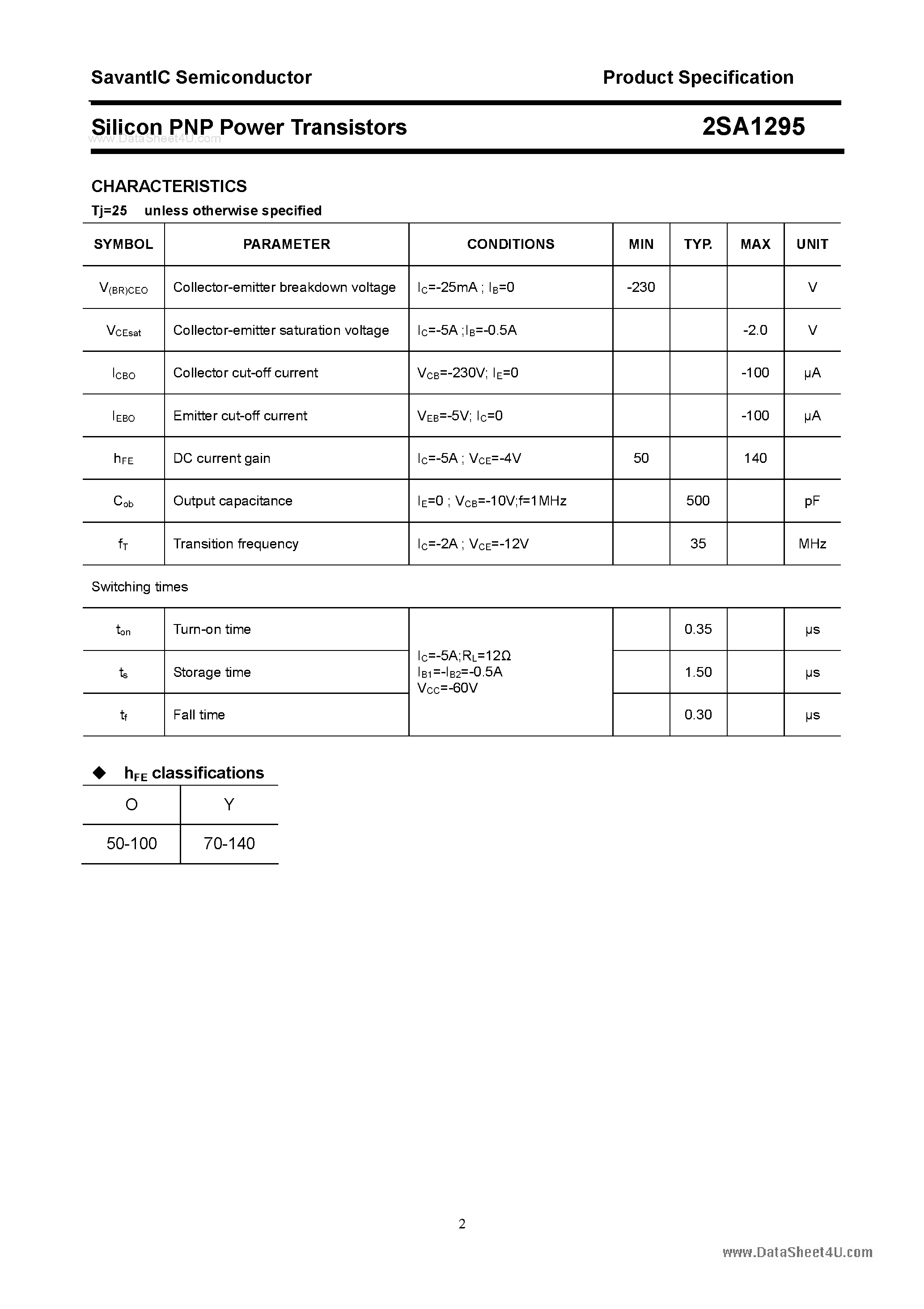 Datasheet 2SA1295 page 2 Datasheet 2SA1295 - SILICON POWER TRANSISTOR page 2