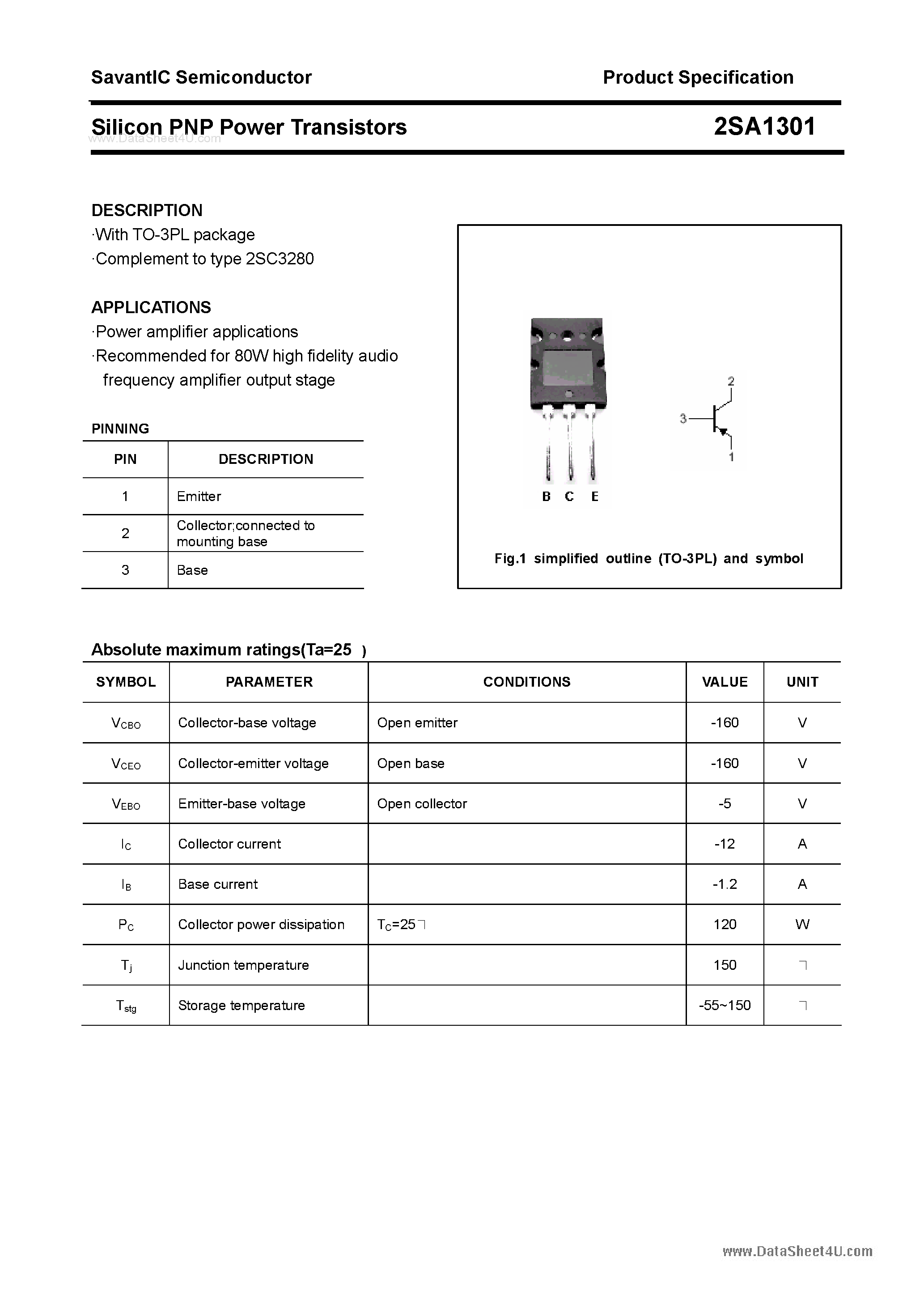 Datasheet 2SA1301 page 1 Datasheet 2SA1301 - SILICON POWER TRANSISTOR page 1