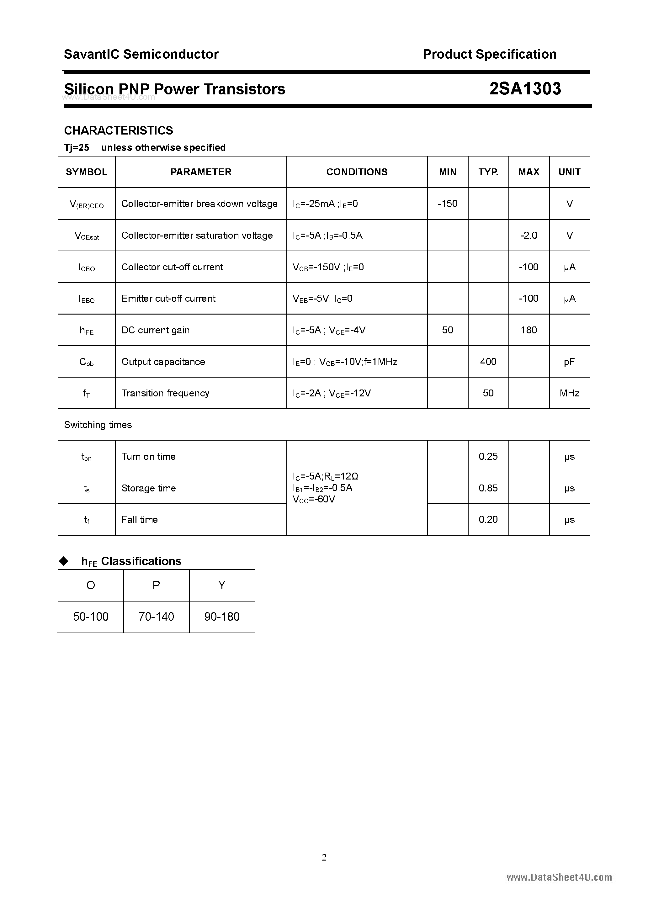Datasheet 2SA1303 page 2 Datasheet 2SA1303 - SILICON POWER TRANSISTOR page 2