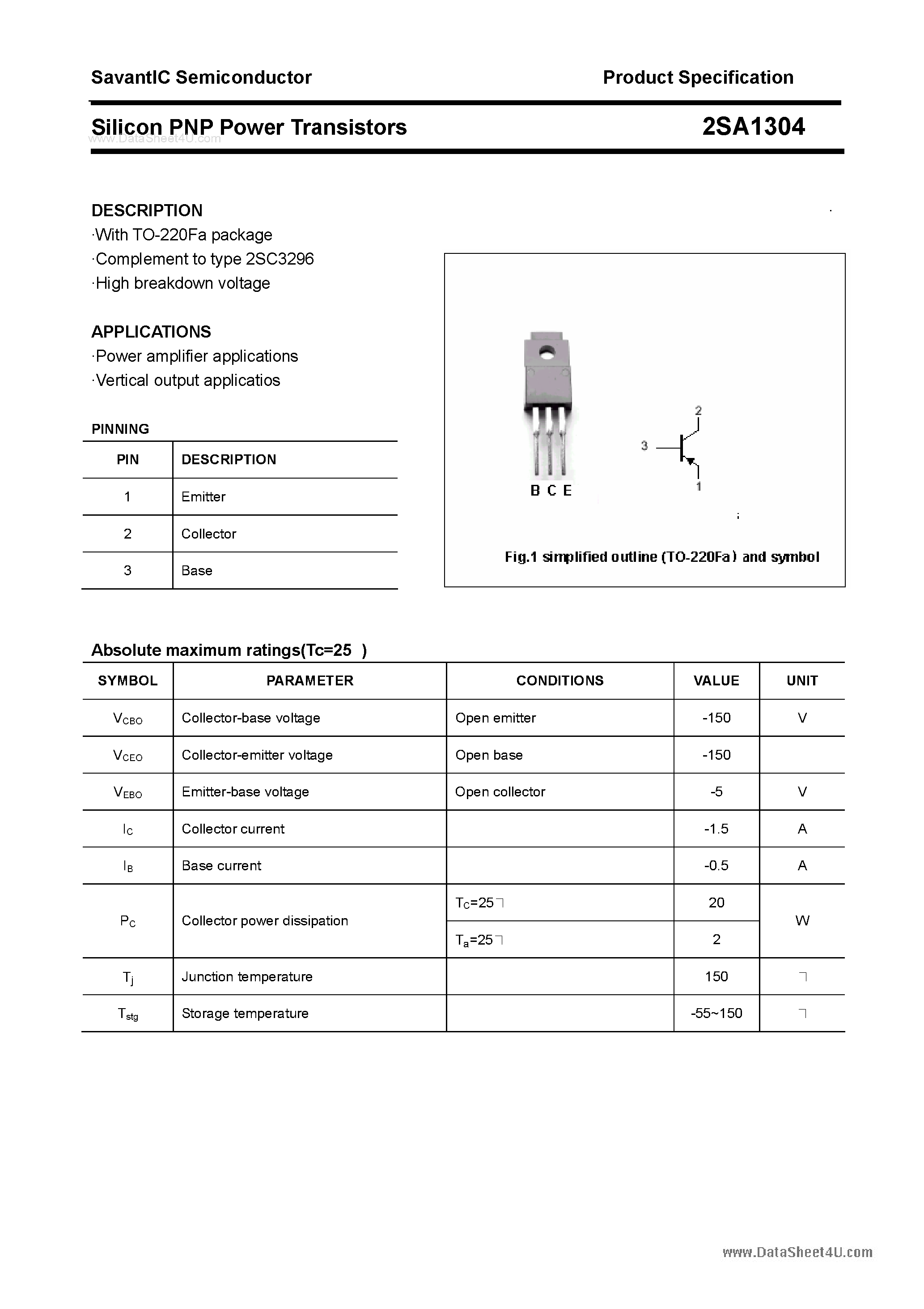 Datasheet 2SA1304 page 1 Datasheet 2SA1304 - SILICON POWER TRANSISTOR page 1
