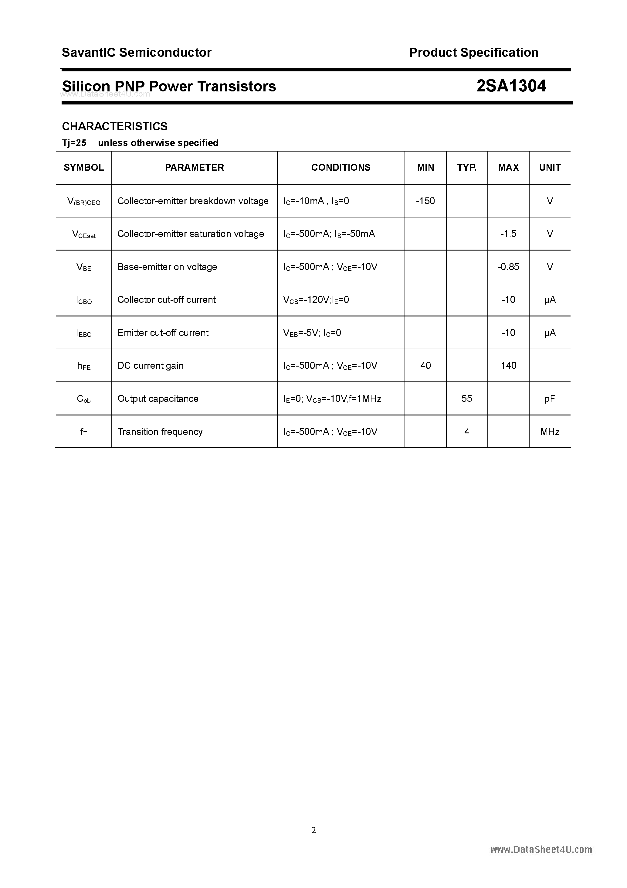 Datasheet 2SA1304 page 2 Datasheet 2SA1304 - SILICON POWER TRANSISTOR page 2
