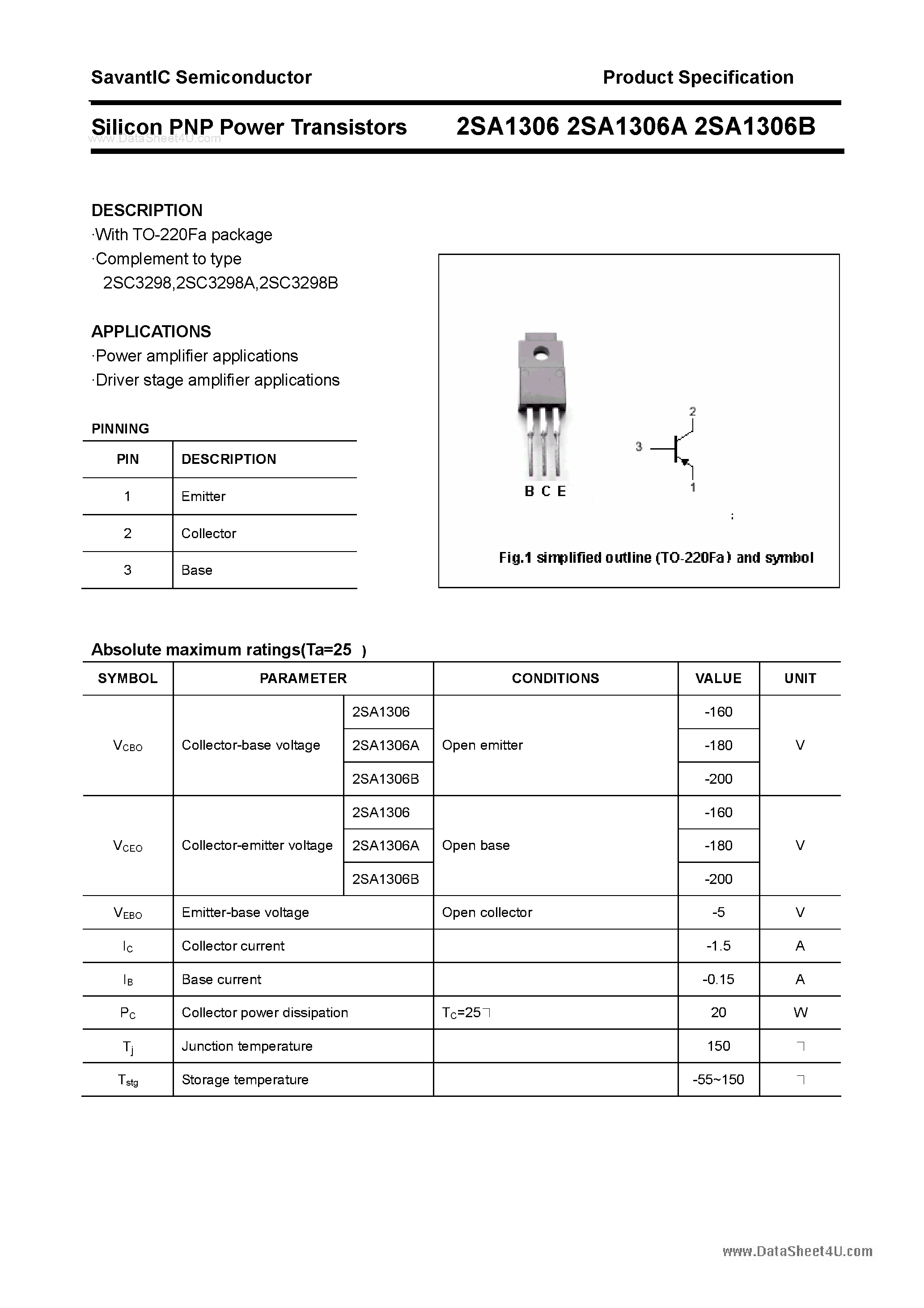 Datasheet 2SA1306 page 1 Datasheet 2SA1306 - SILICON POWER TRANSISTOR page 1