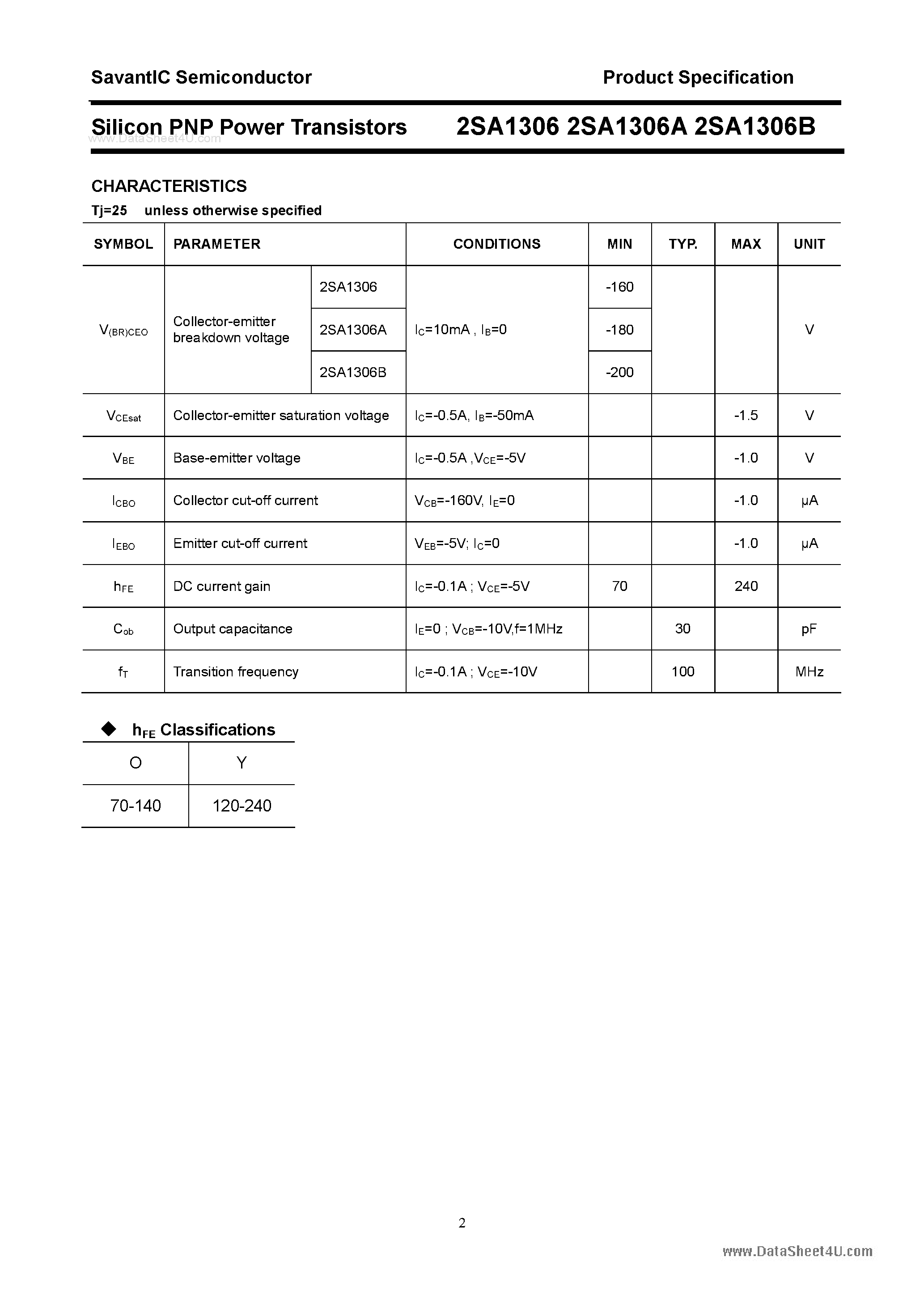 Datasheet 2SA1306 page 2 Datasheet 2SA1306 - SILICON POWER TRANSISTOR page 2
