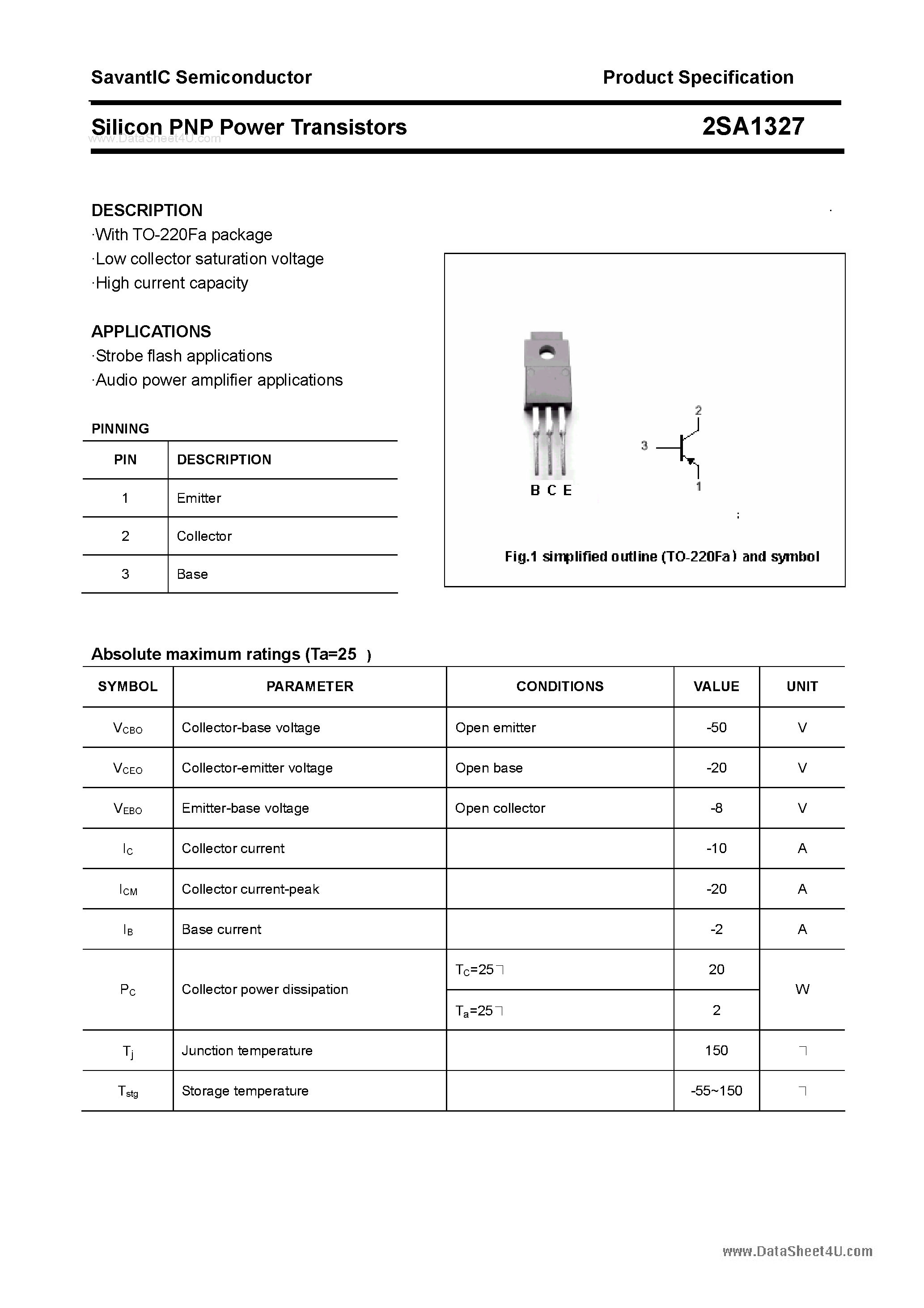 Datasheet 2SA1327 - SILICON POWER TRANSISTOR page 1