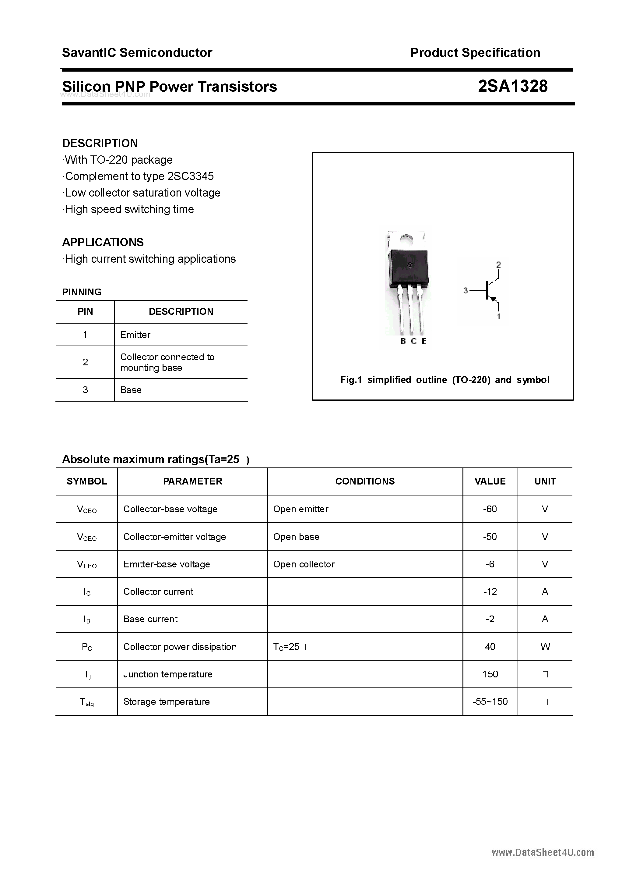 Datasheet 2SA1328 - SILICON POWER TRANSISTOR page 1