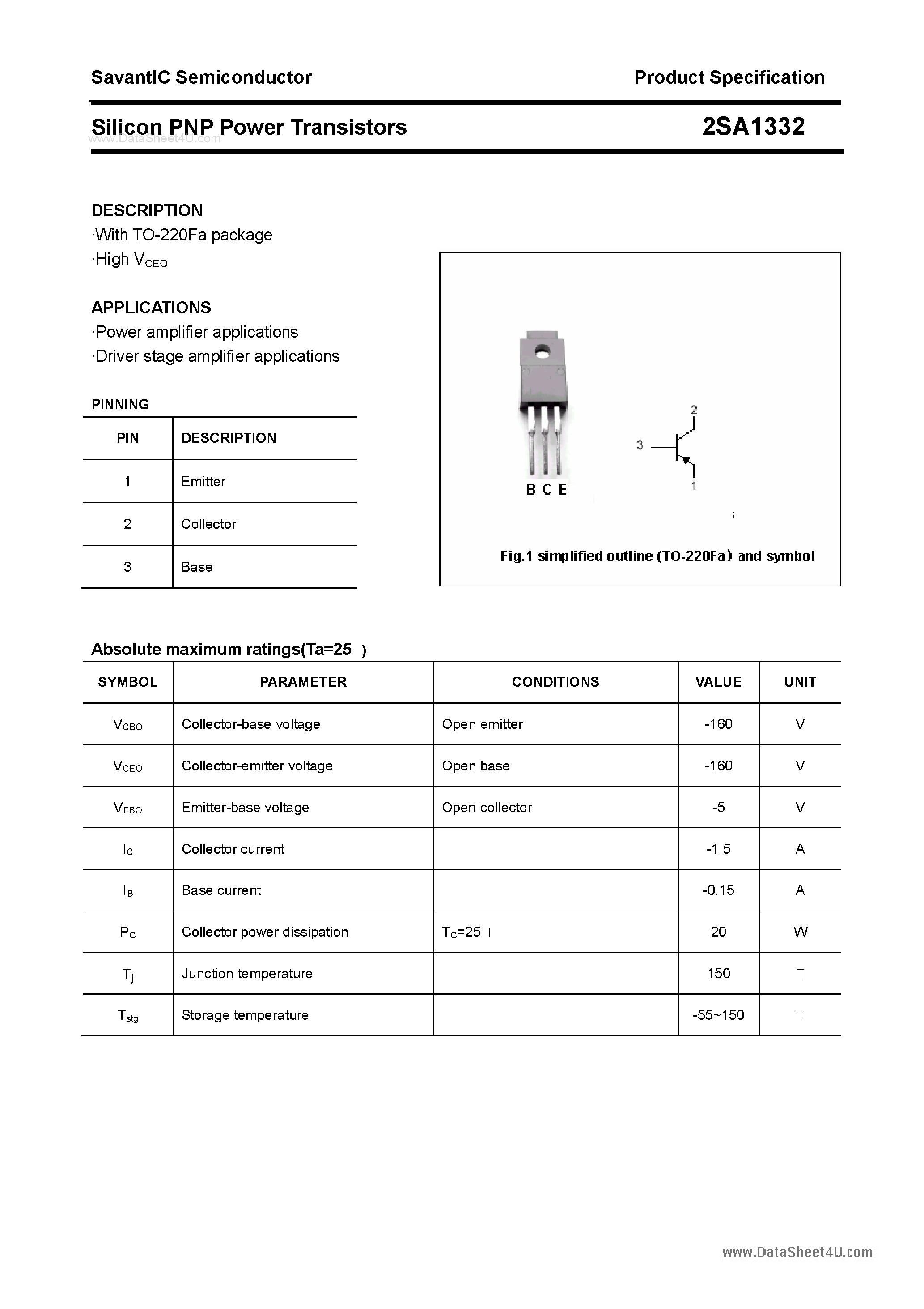 Datasheet 2SA1332 - SILICON POWER TRANSISTOR page 1
