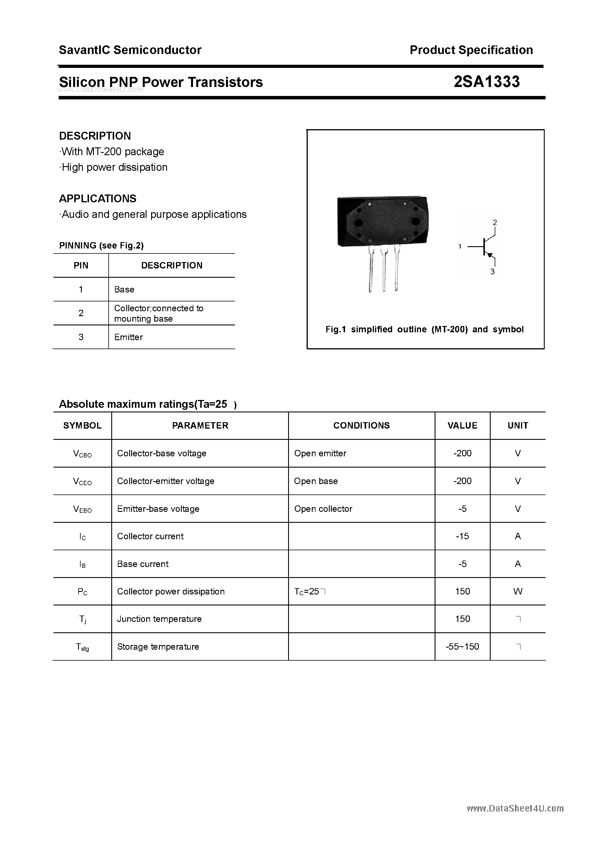 Datasheet 2SA1333 page 1 Datasheet 2SA1333 - SILICON POWER TRANSISTOR page 1
