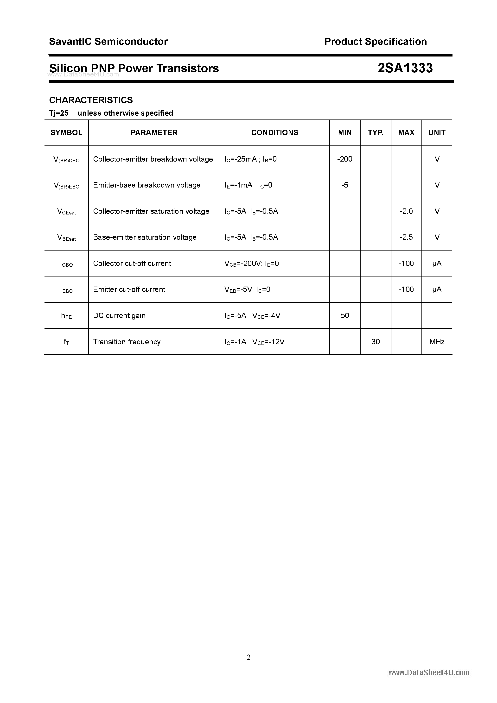 Datasheet 2SA1333 page 2 Datasheet 2SA1333 - SILICON POWER TRANSISTOR page 2