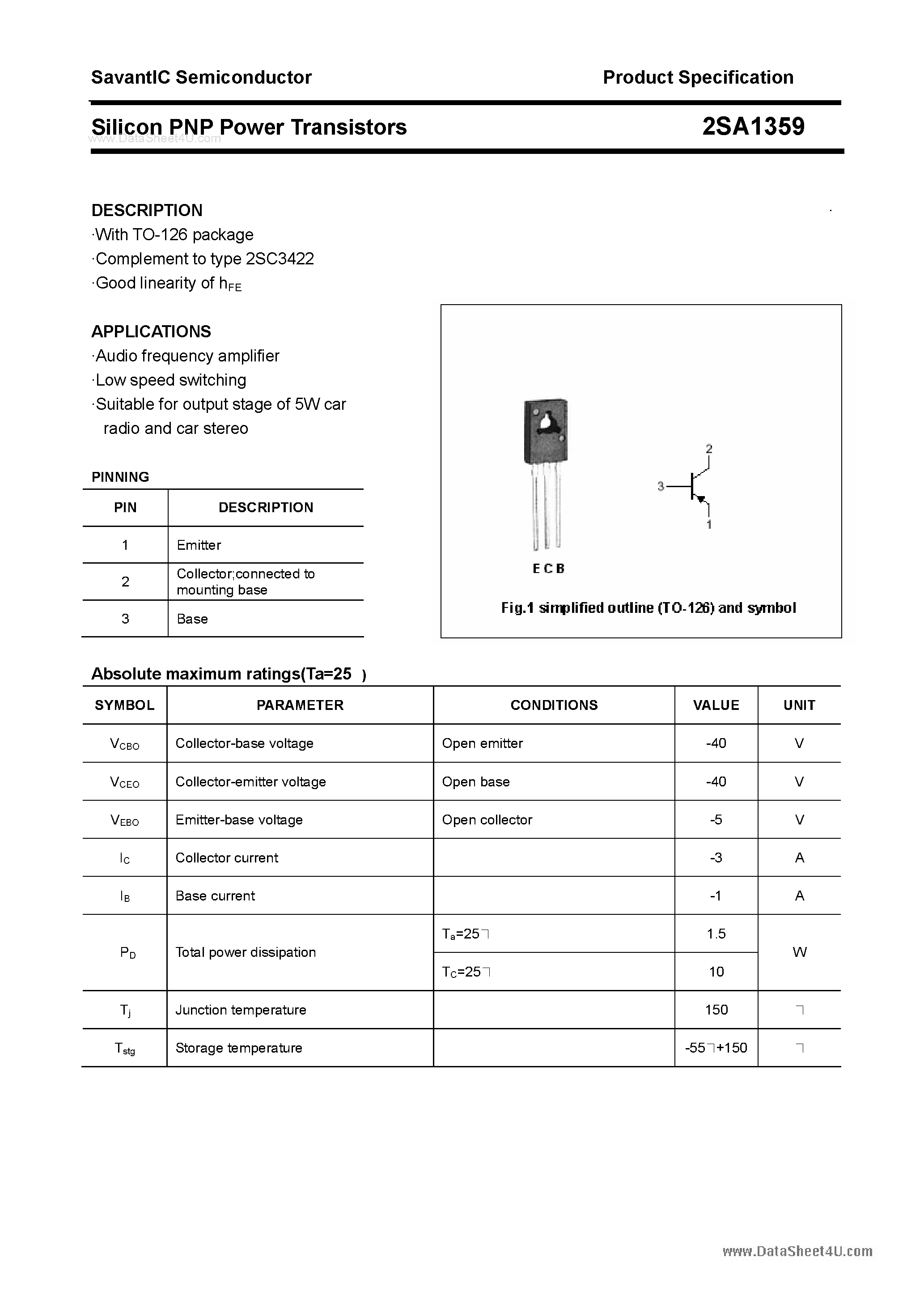 Datasheet 2SA1359 - SILICON POWER TRANSISTOR page 1