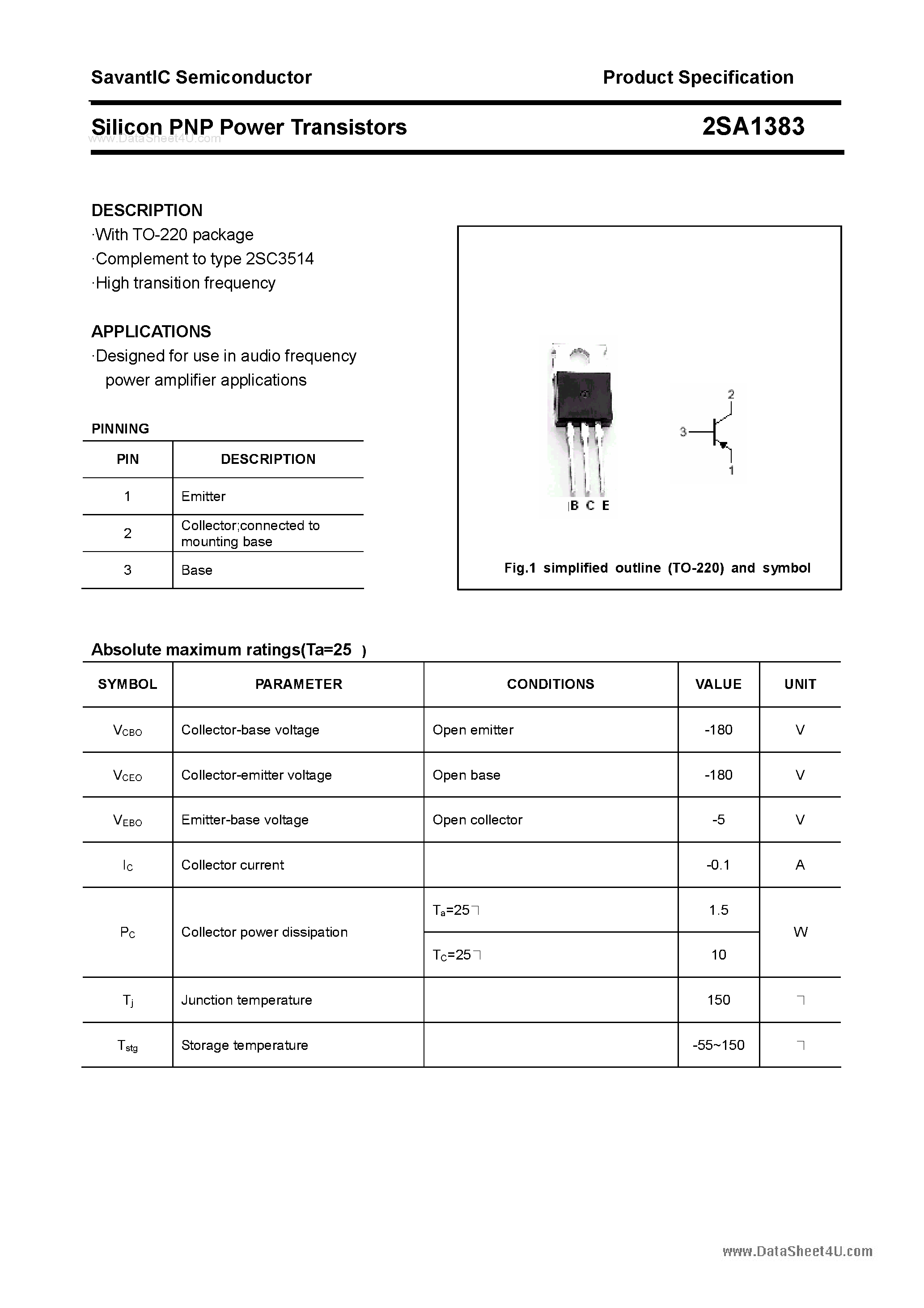 Datasheet 2SA1383 - SILICON POWER TRANSISTOR page 1