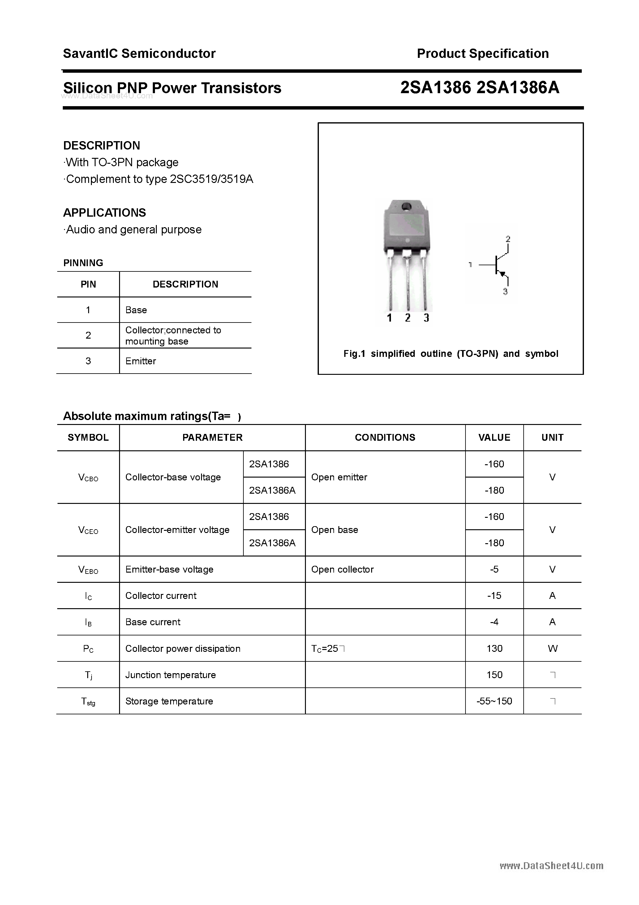 Datasheet 2SA1386 page 1 Datasheet 2SA1386 - SILICON POWER TRANSISTOR page 1