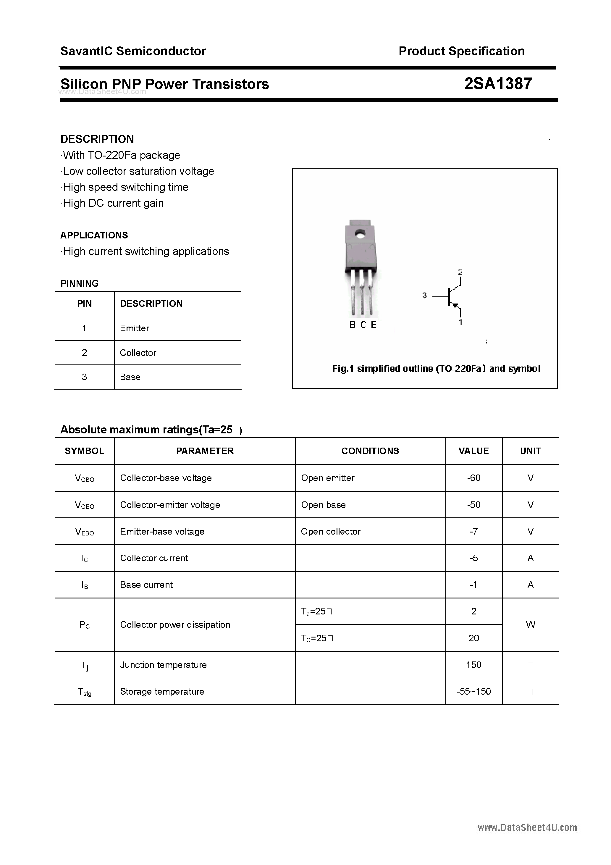 Datasheet 2SA1387 - SILICON POWER TRANSISTOR page 1