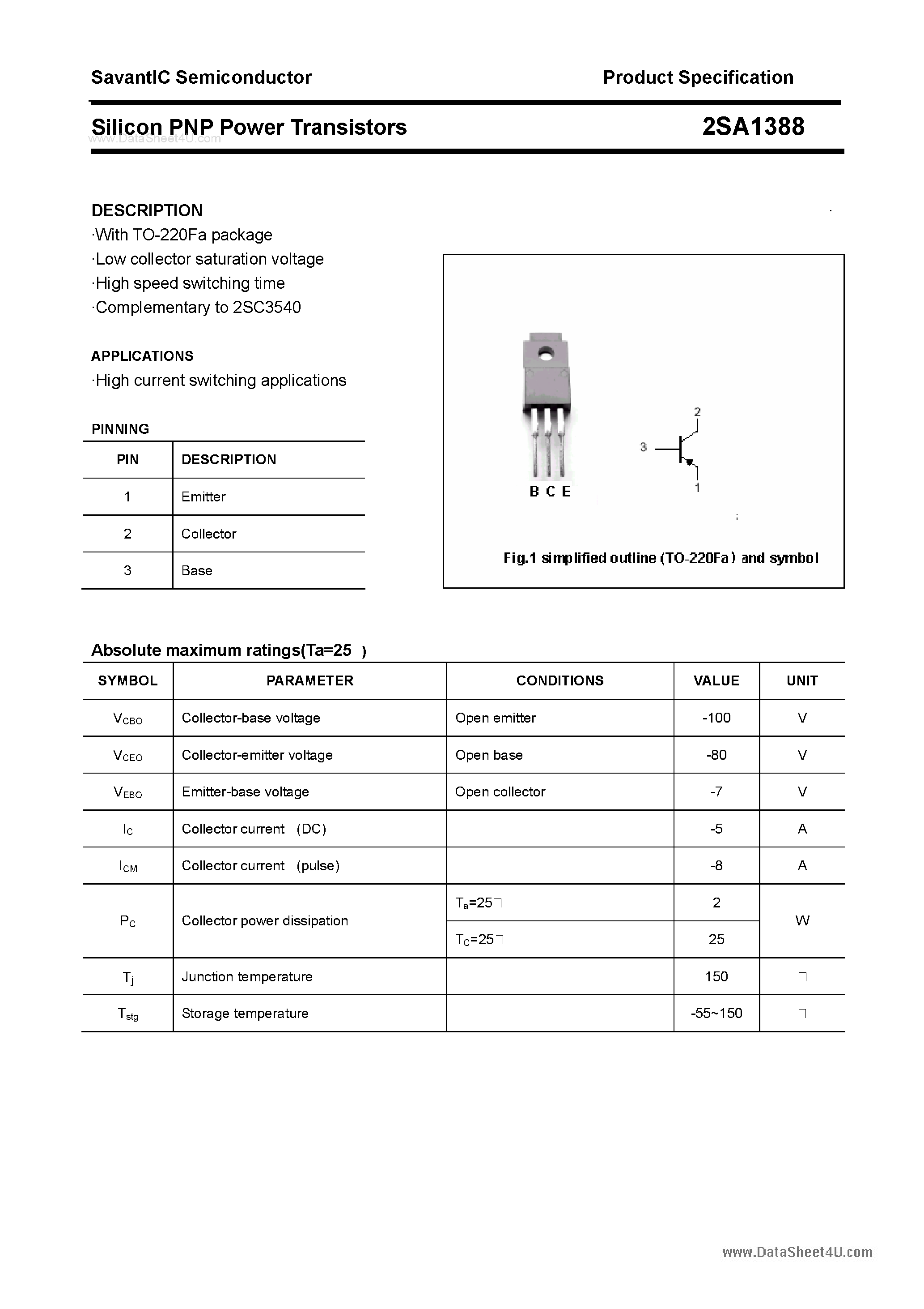 Datasheet 2SA1388 page 1 Datasheet 2SA1388 - SILICON POWER TRANSISTOR page 1