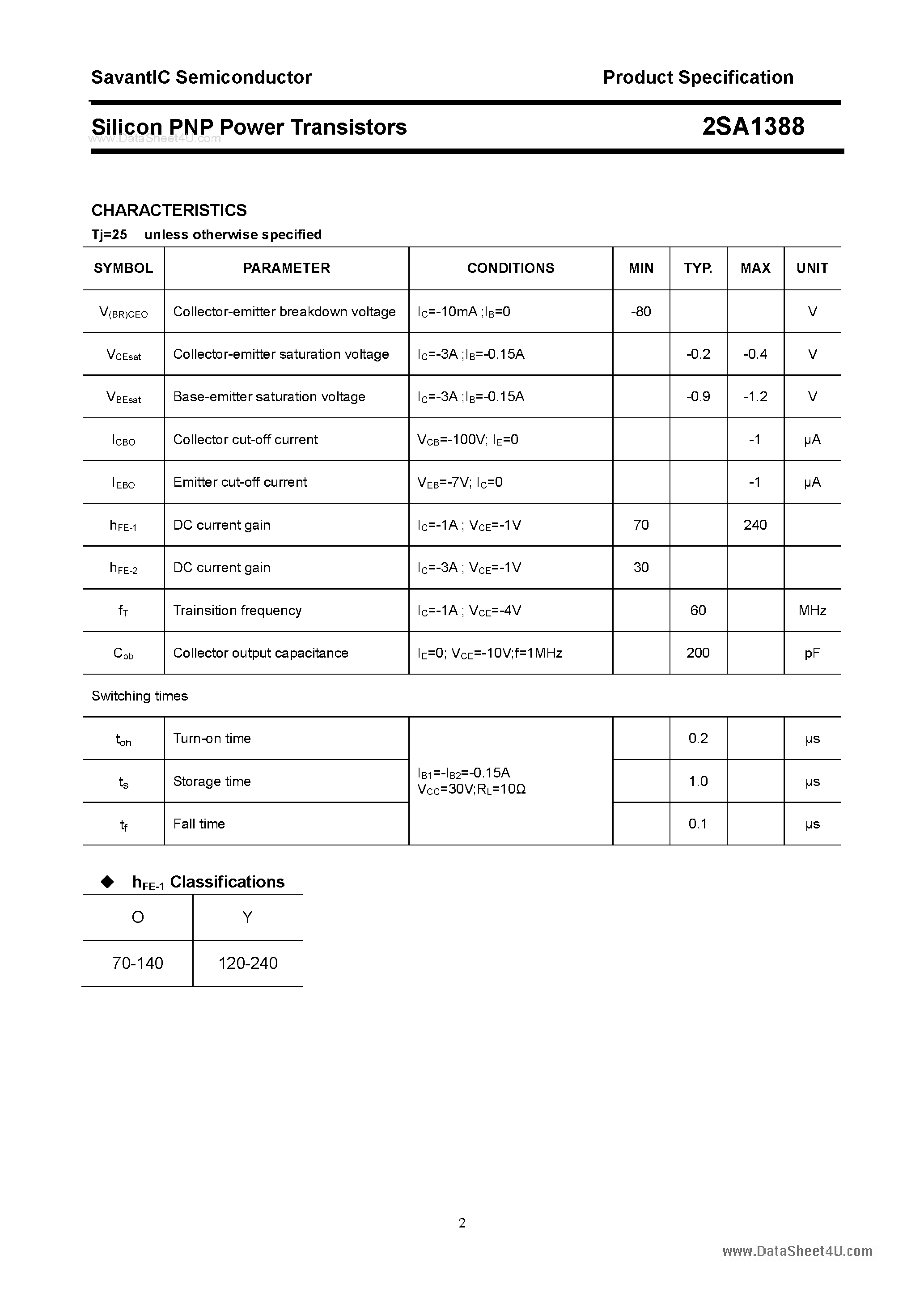 Datasheet 2SA1388 page 2 Datasheet 2SA1388 - SILICON POWER TRANSISTOR page 2