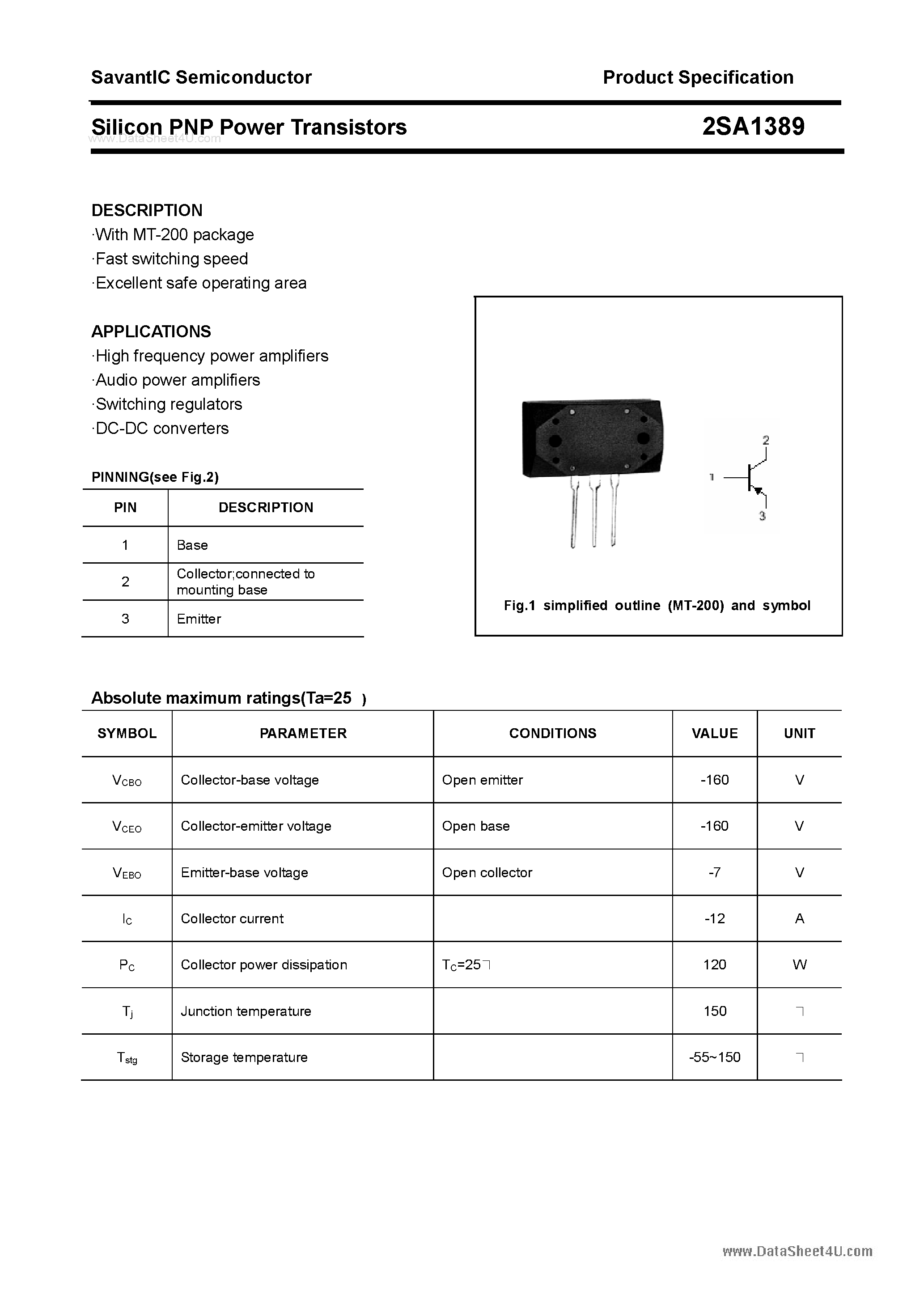 Datasheet 2SA1389 - SILICON POWER TRANSISTOR page 1