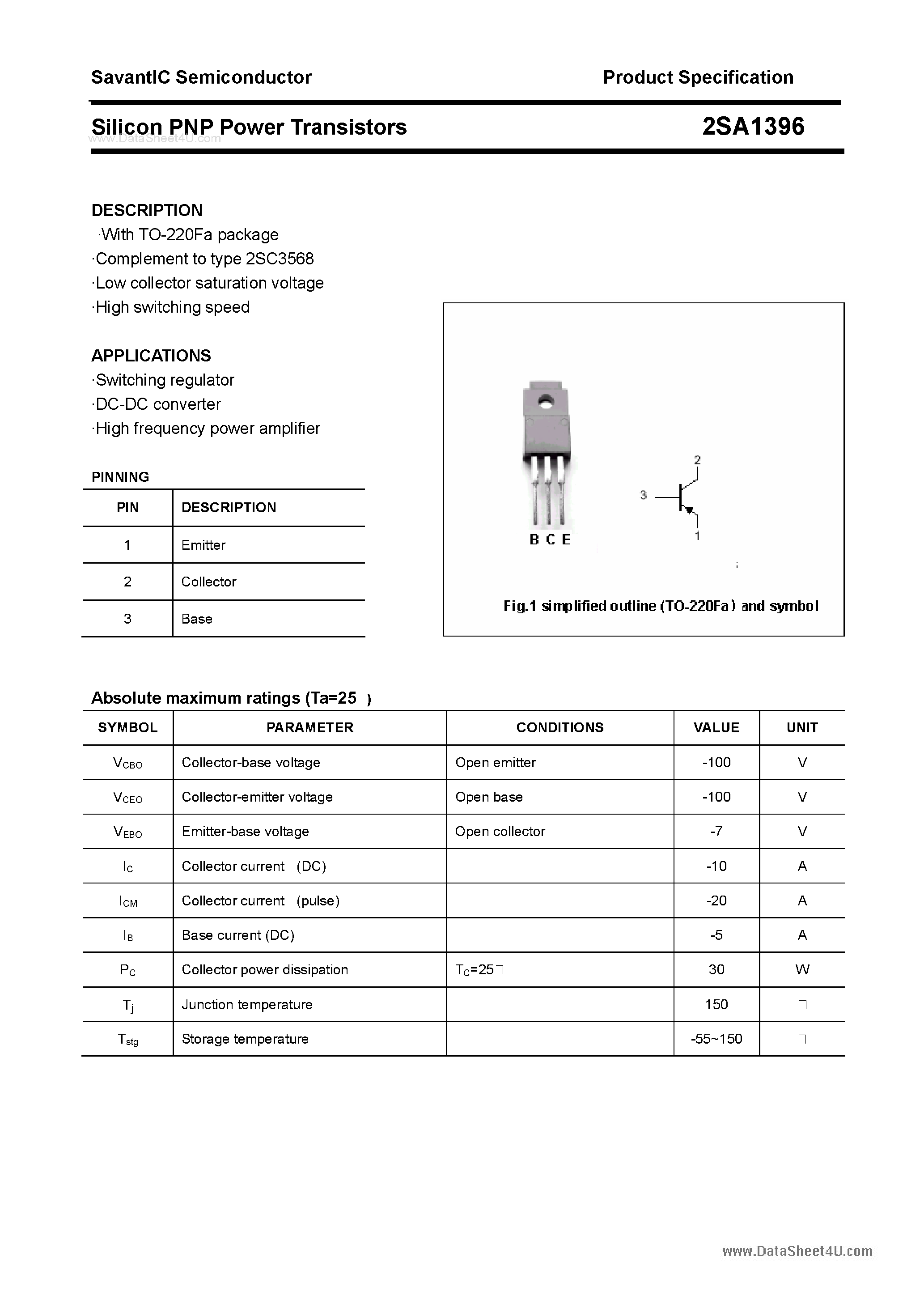 Datasheet 2SA1396 - SILICON POWER TRANSISTOR page 1