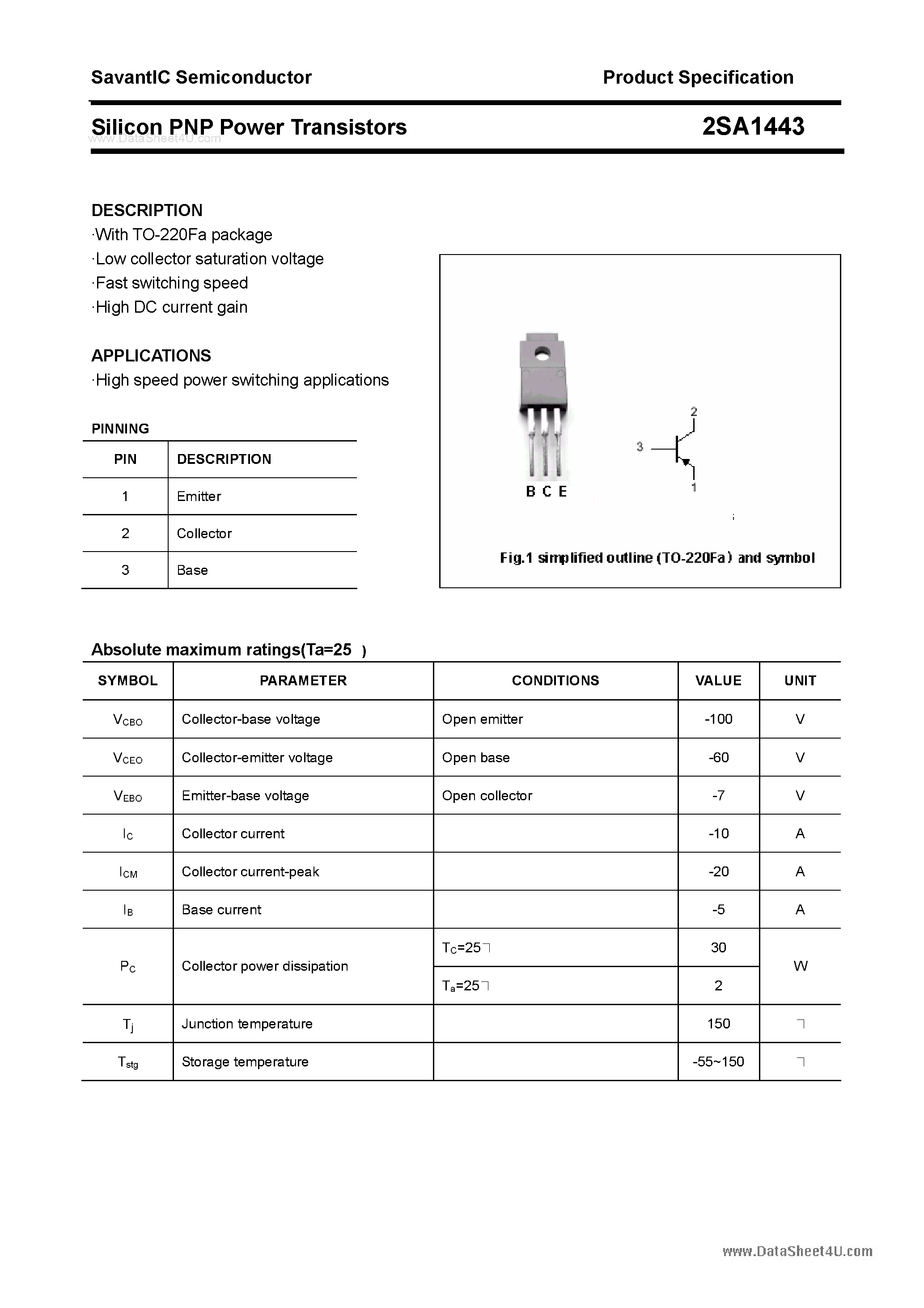 Datasheet 2SA1443 - SILICON POWER TRANSISTOR page 1