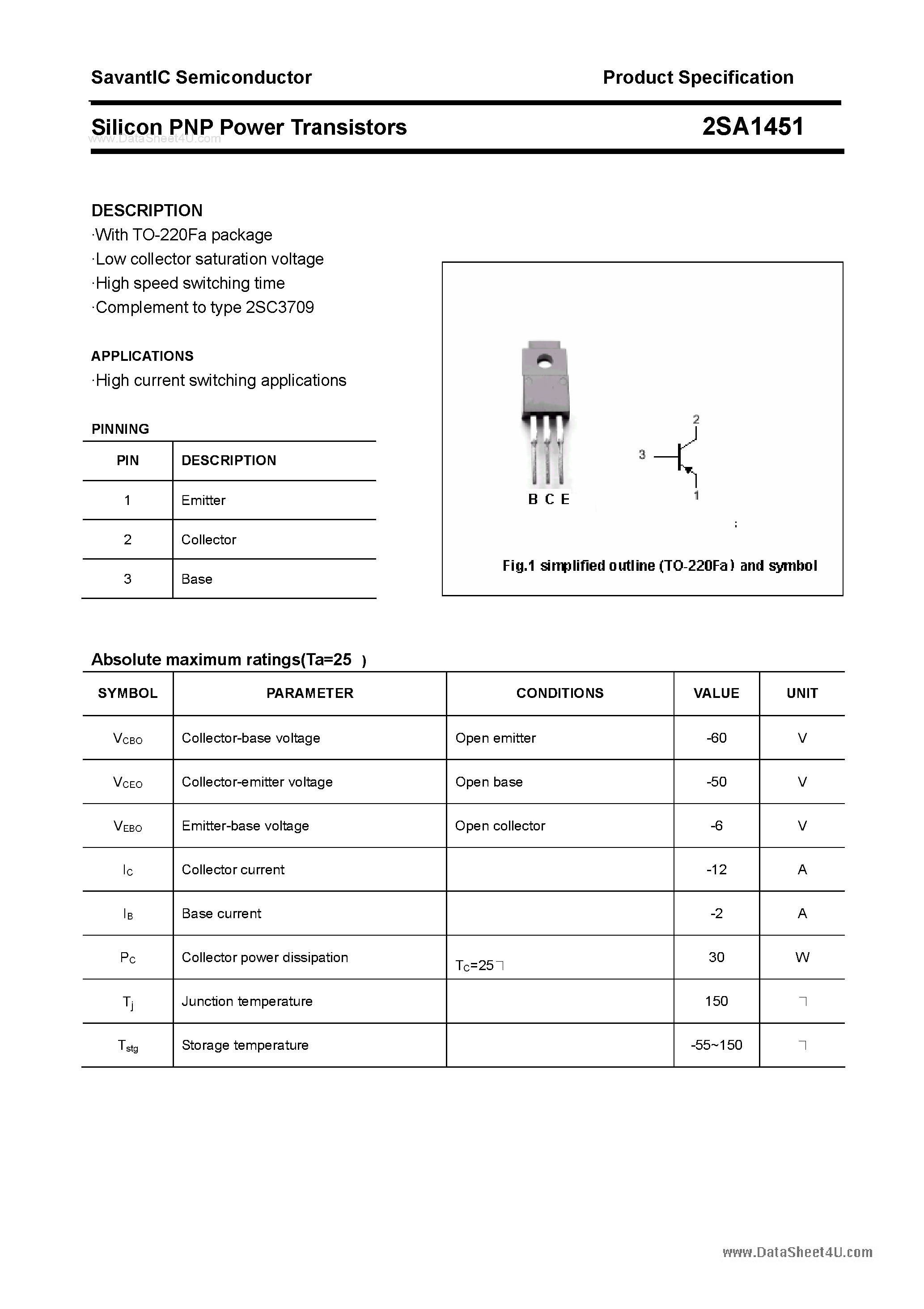 Datasheet 2SA1451 - SILICON POWER TRANSISTOR page 1