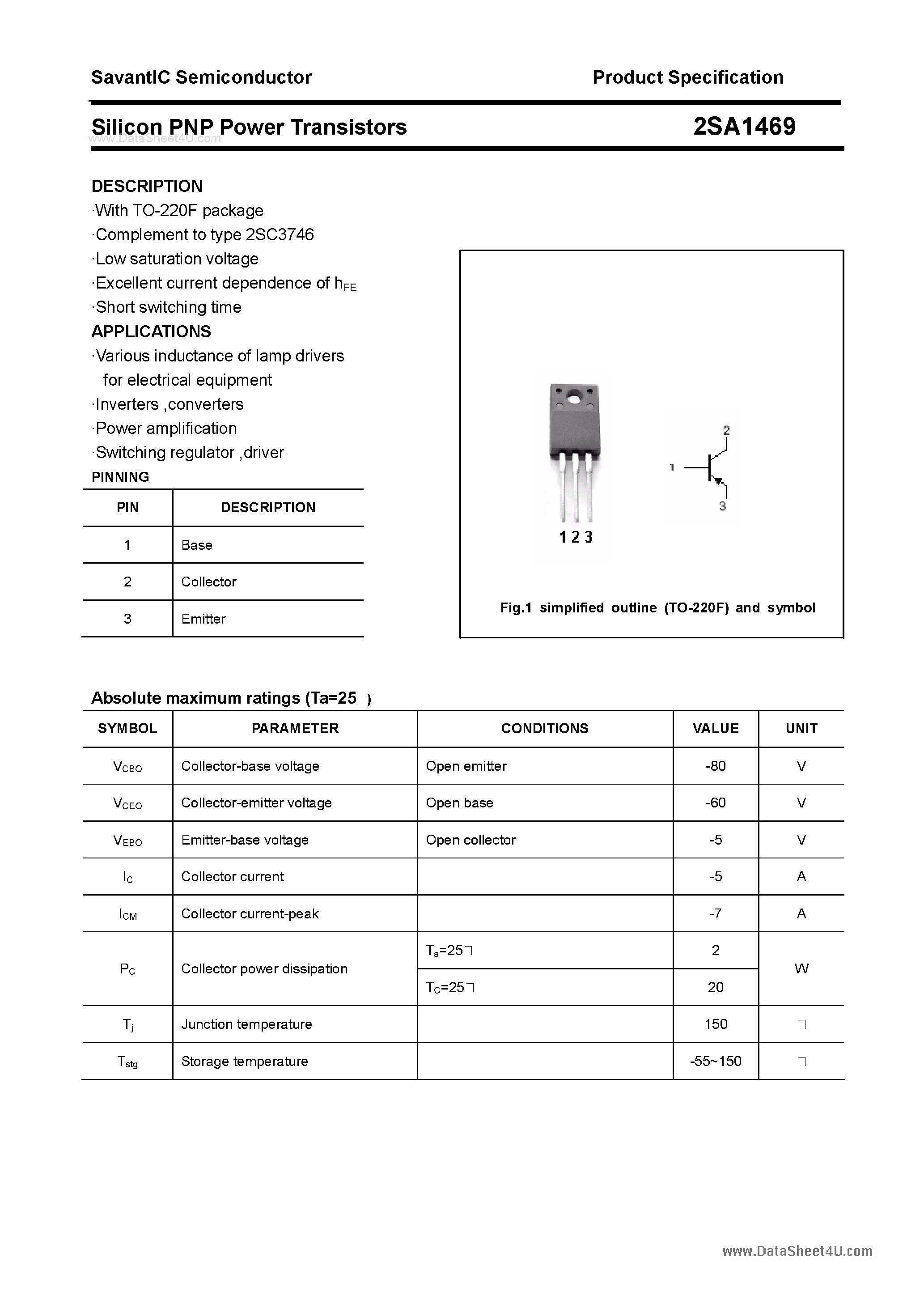 Datasheet 2SA1469 - SILICON POWER TRANSISTOR page 1