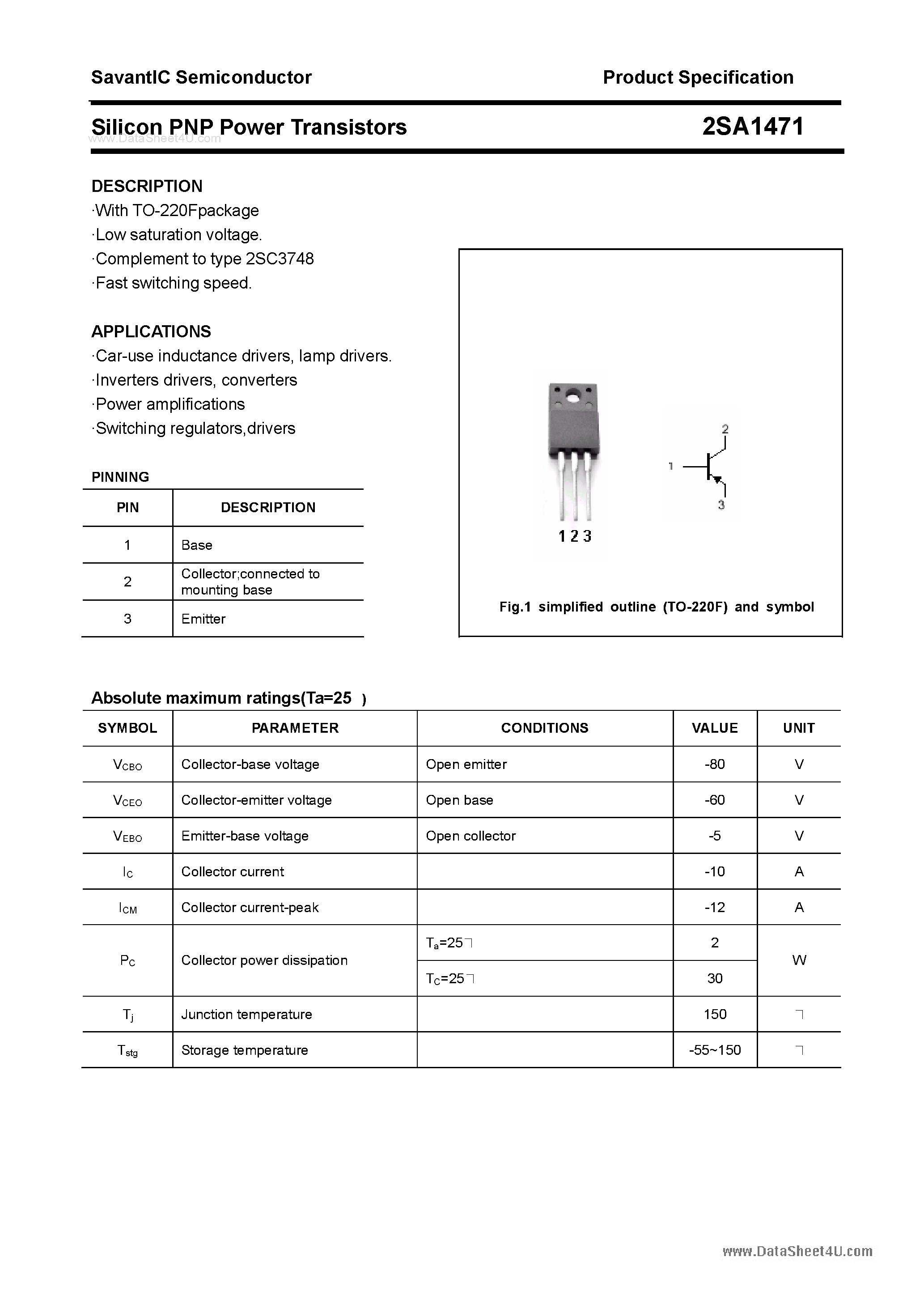 Datasheet 2SA1471 - SILICON POWER TRANSISTOR page 1