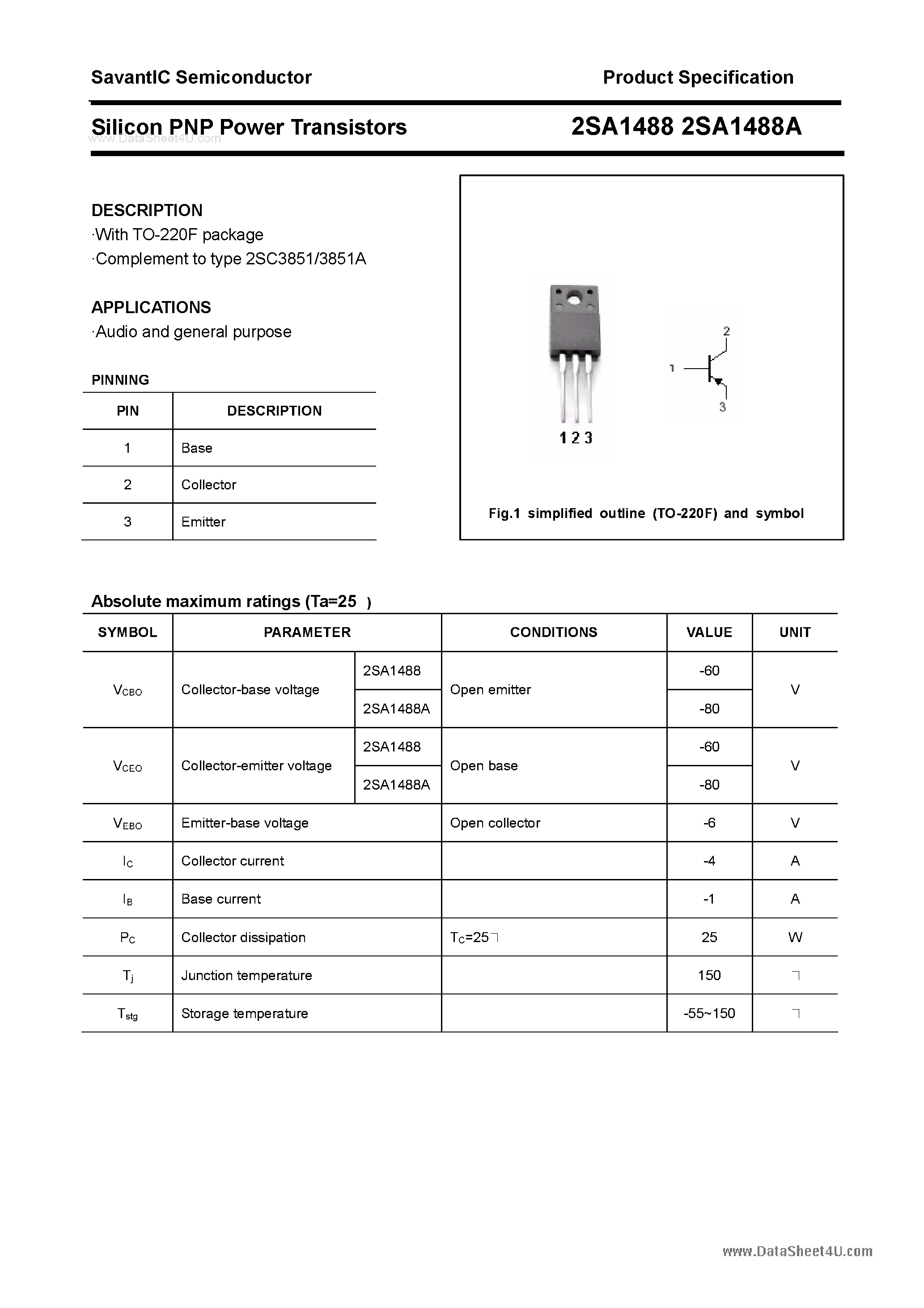 Datasheet 2SA1488 - SILICON POWER TRANSISTOR page 1