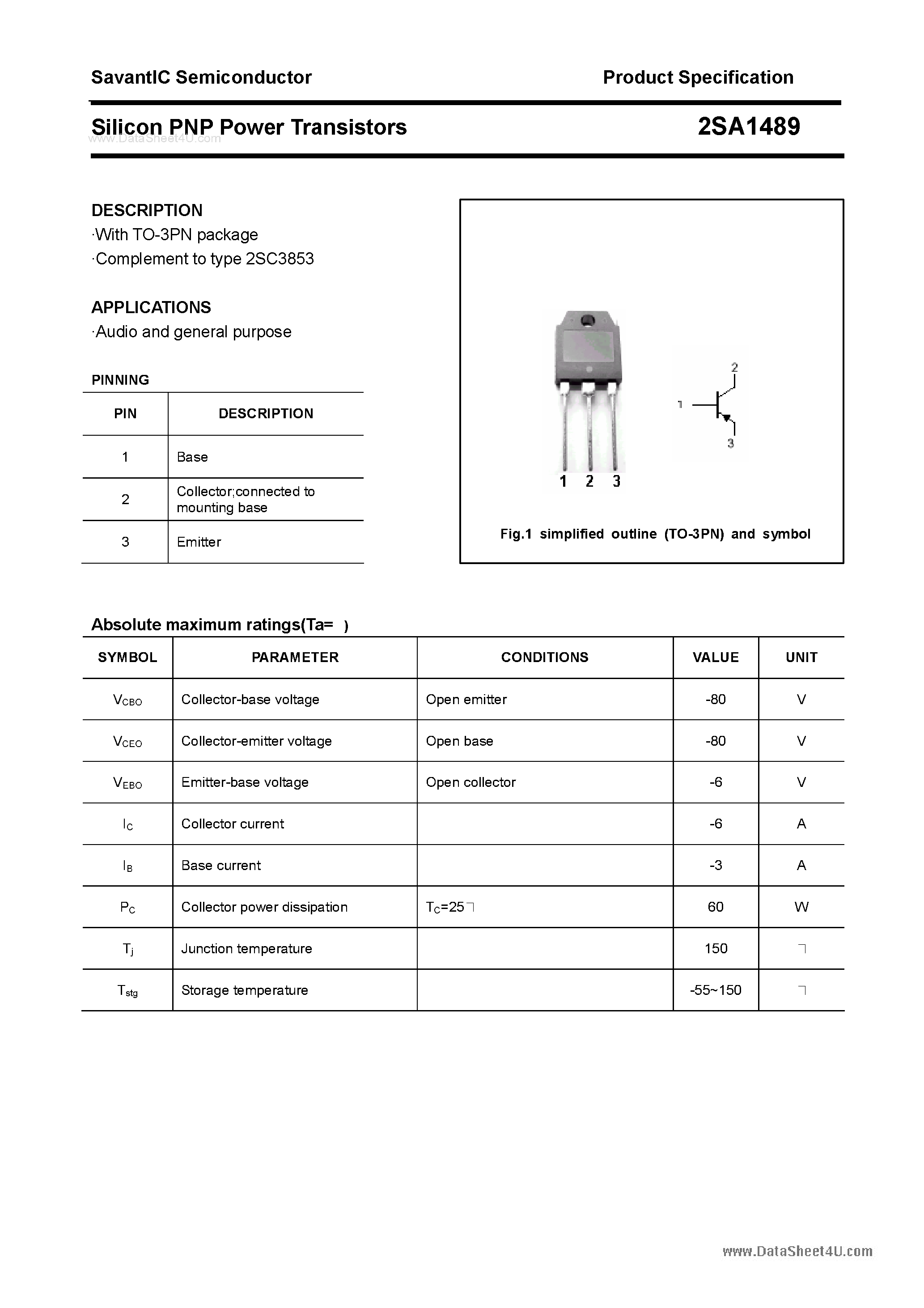 Datasheet 2SA1489 - SILICON POWER TRANSISTOR page 1