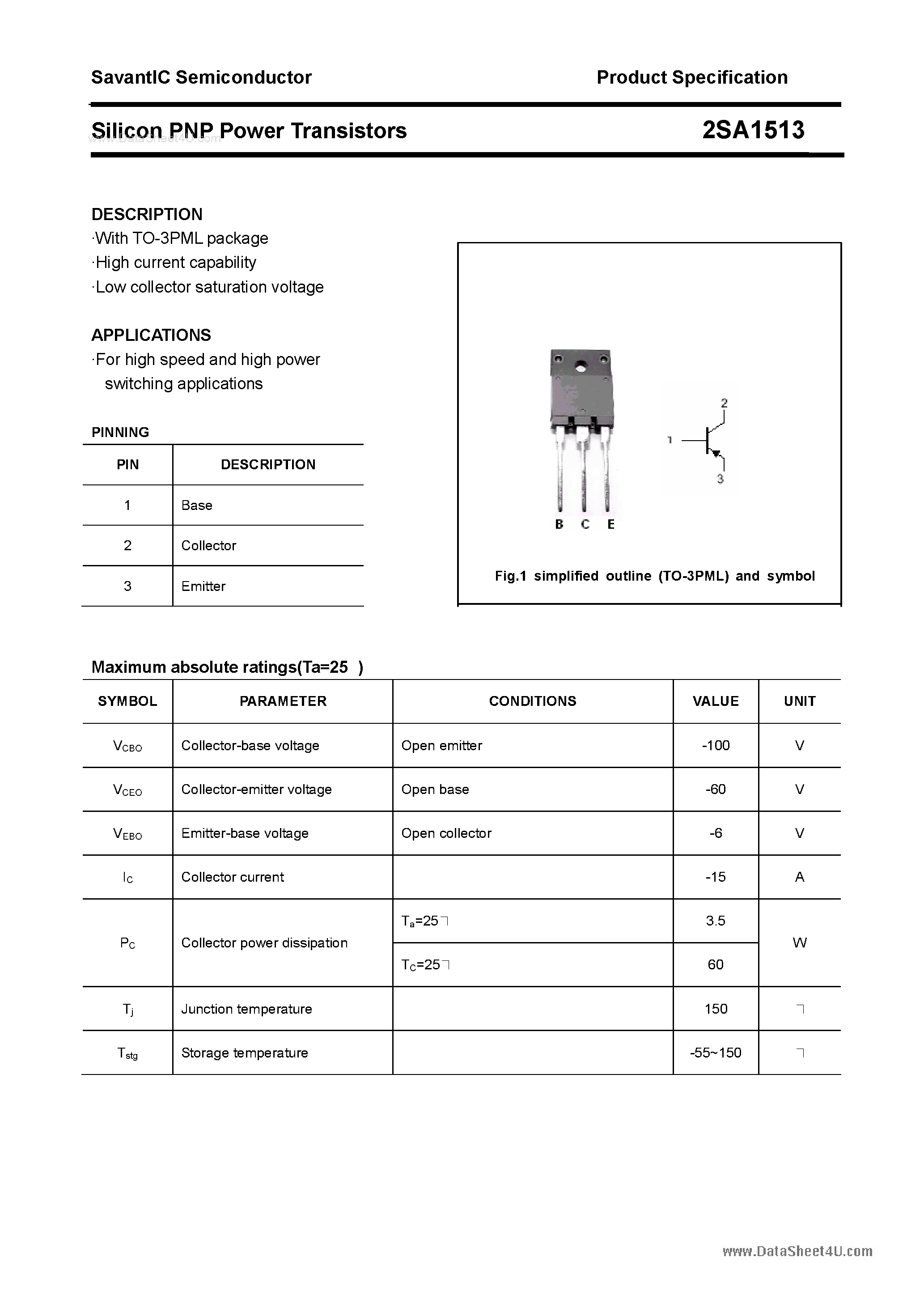 Datasheet 2SA1513 - SILICON POWER TRANSISTOR page 1