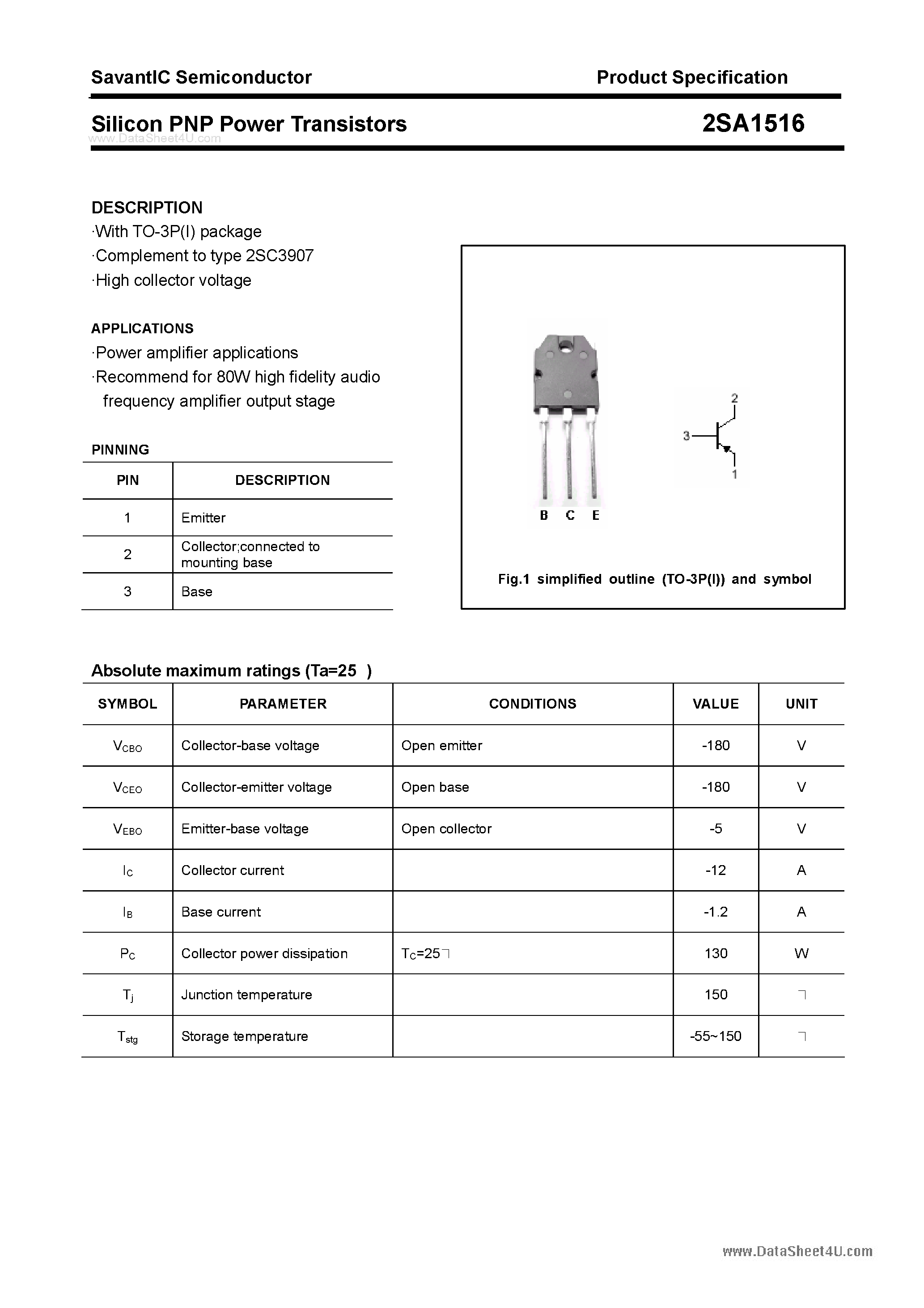 Datasheet 2SA1516 page 1 Datasheet 2SA1516 - SILICON POWER TRANSISTOR page 1