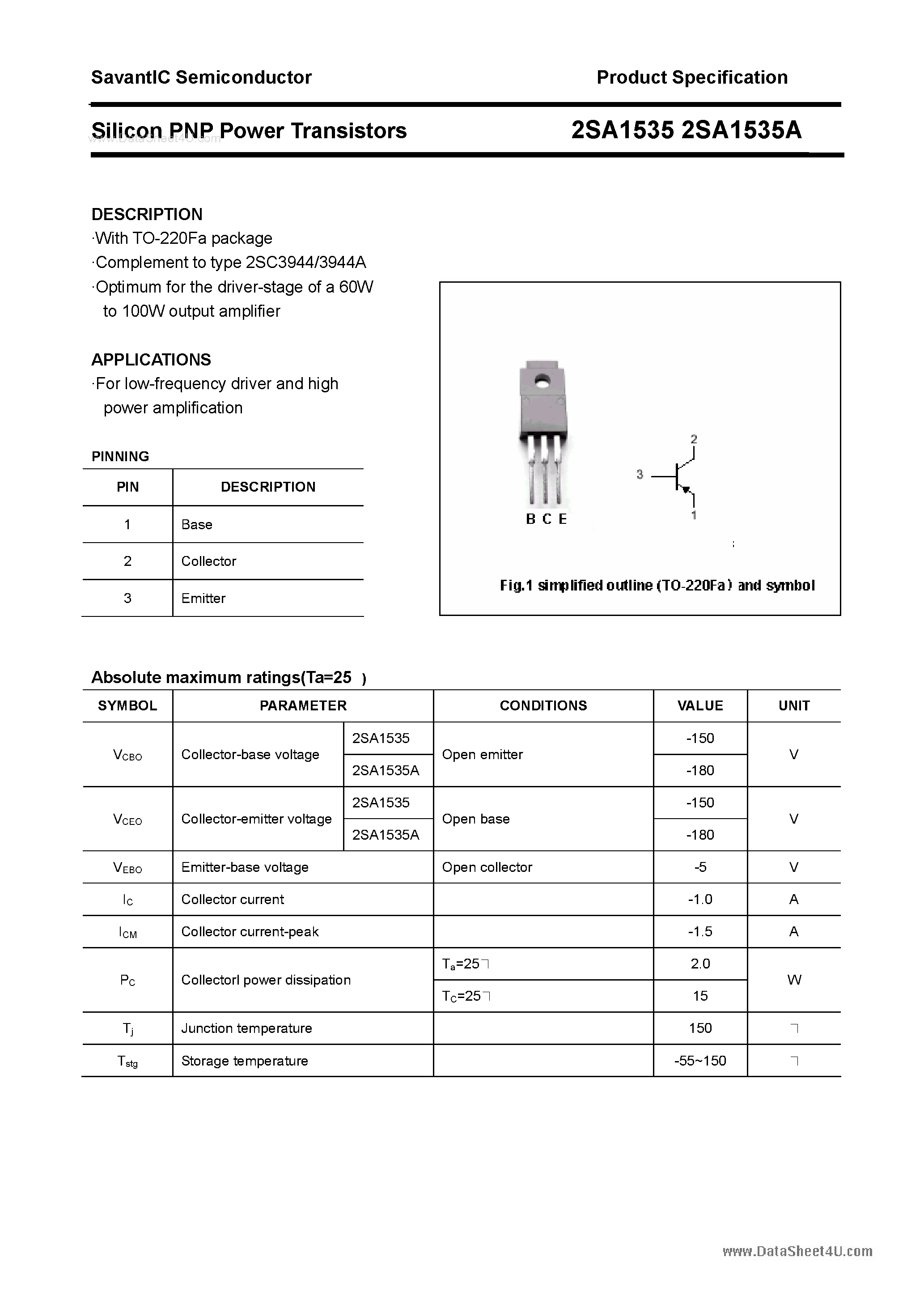Datasheet 2SA1535 page 1 Datasheet 2SA1535 - SILICON POWER TRANSISTOR page 1
