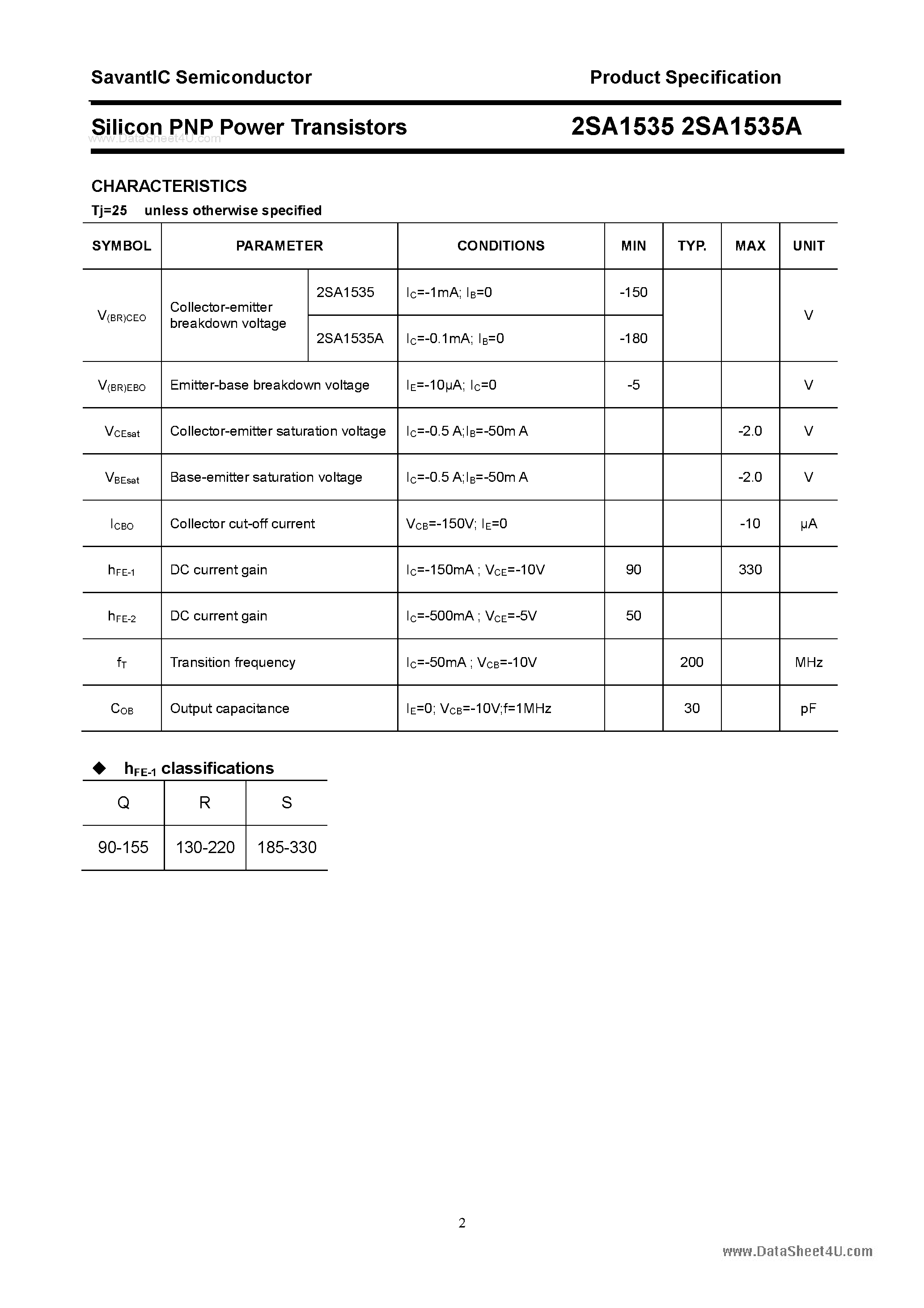 Datasheet 2SA1535 page 2 Datasheet 2SA1535 - SILICON POWER TRANSISTOR page 2
