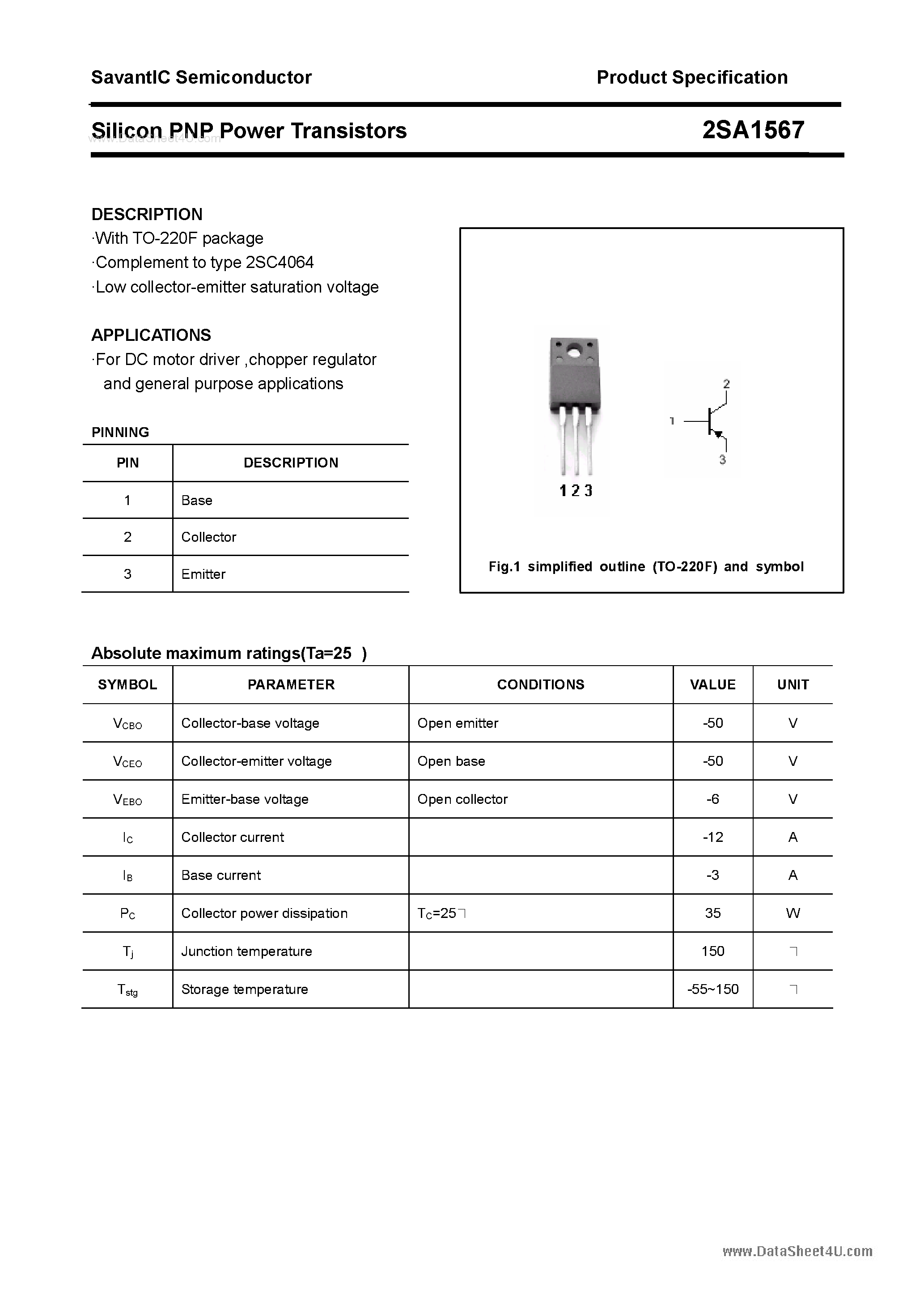 Datasheet 2SA1567 - SILICON POWER TRANSISTOR page 1