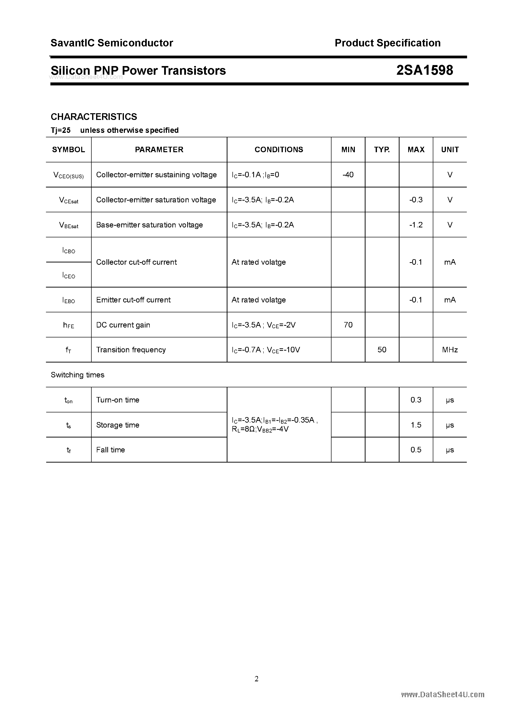 Datasheet 2SA1598 page 2 Datasheet 2SA1598 - SILICON POWER TRANSISTOR page 2