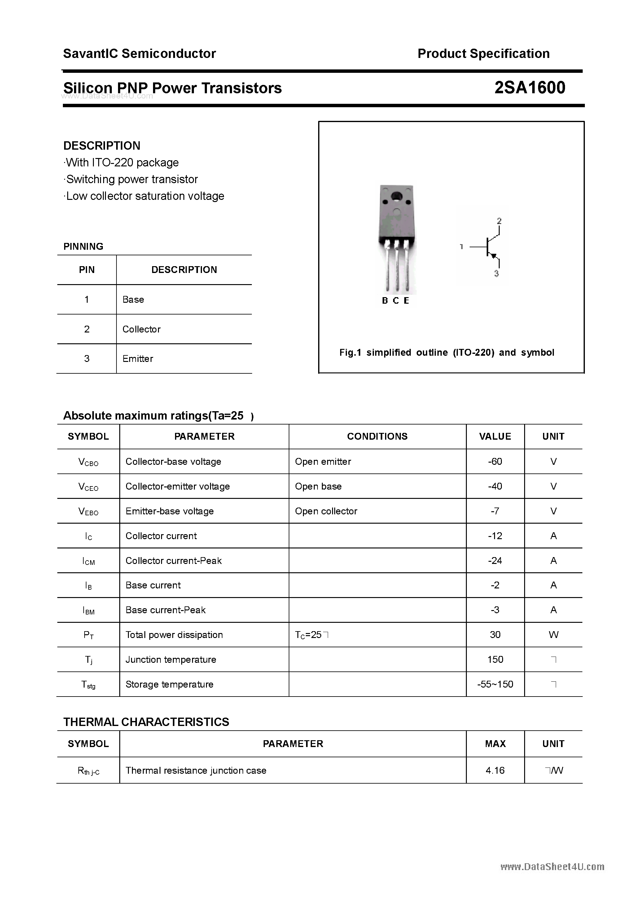 Datasheet 2SA1600 - SILICON POWER TRANSISTOR page 1