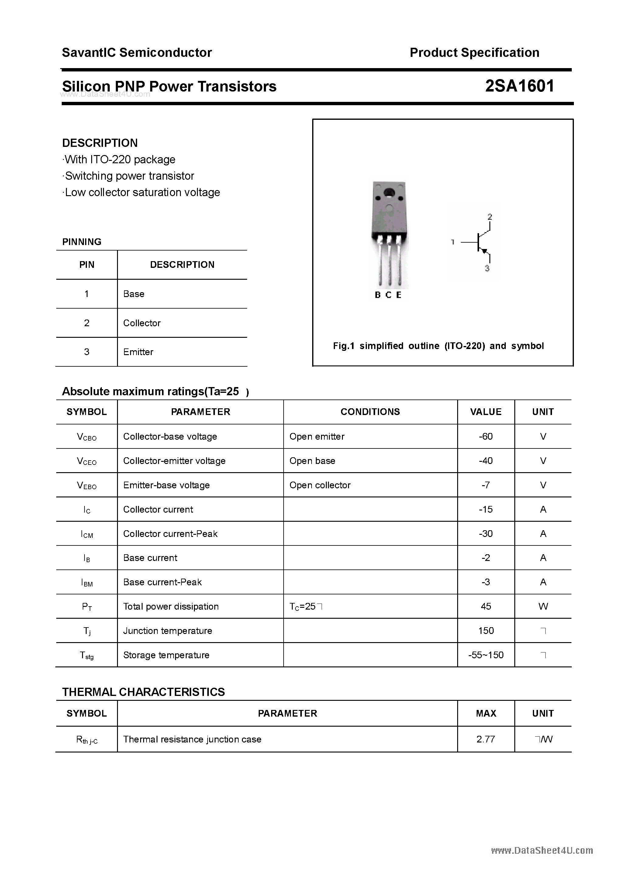 Datasheet 2SA1601 - SILICON POWER TRANSISTOR page 1