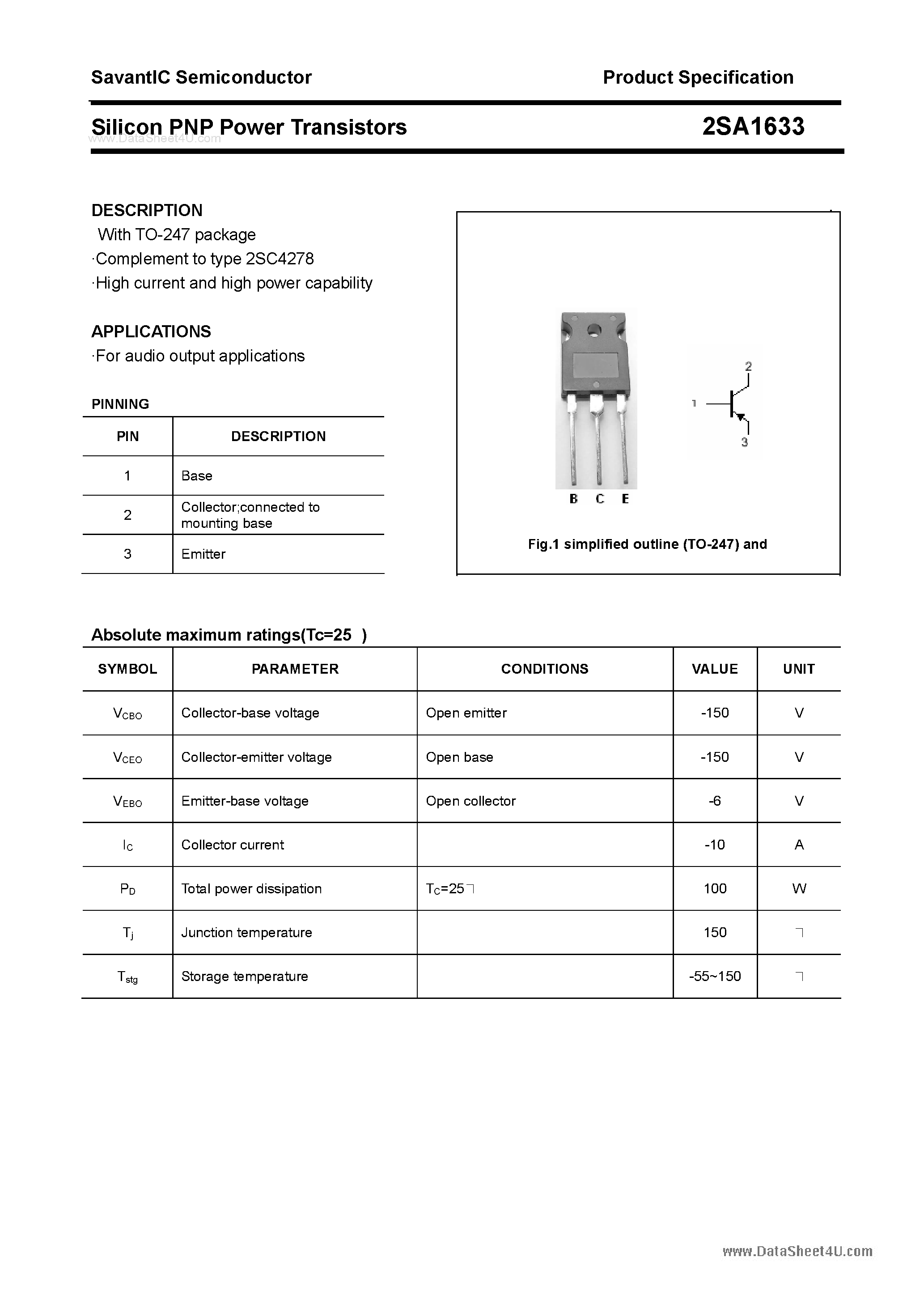 Datasheet 2SA1633 - SILICON POWER TRANSISTOR page 1