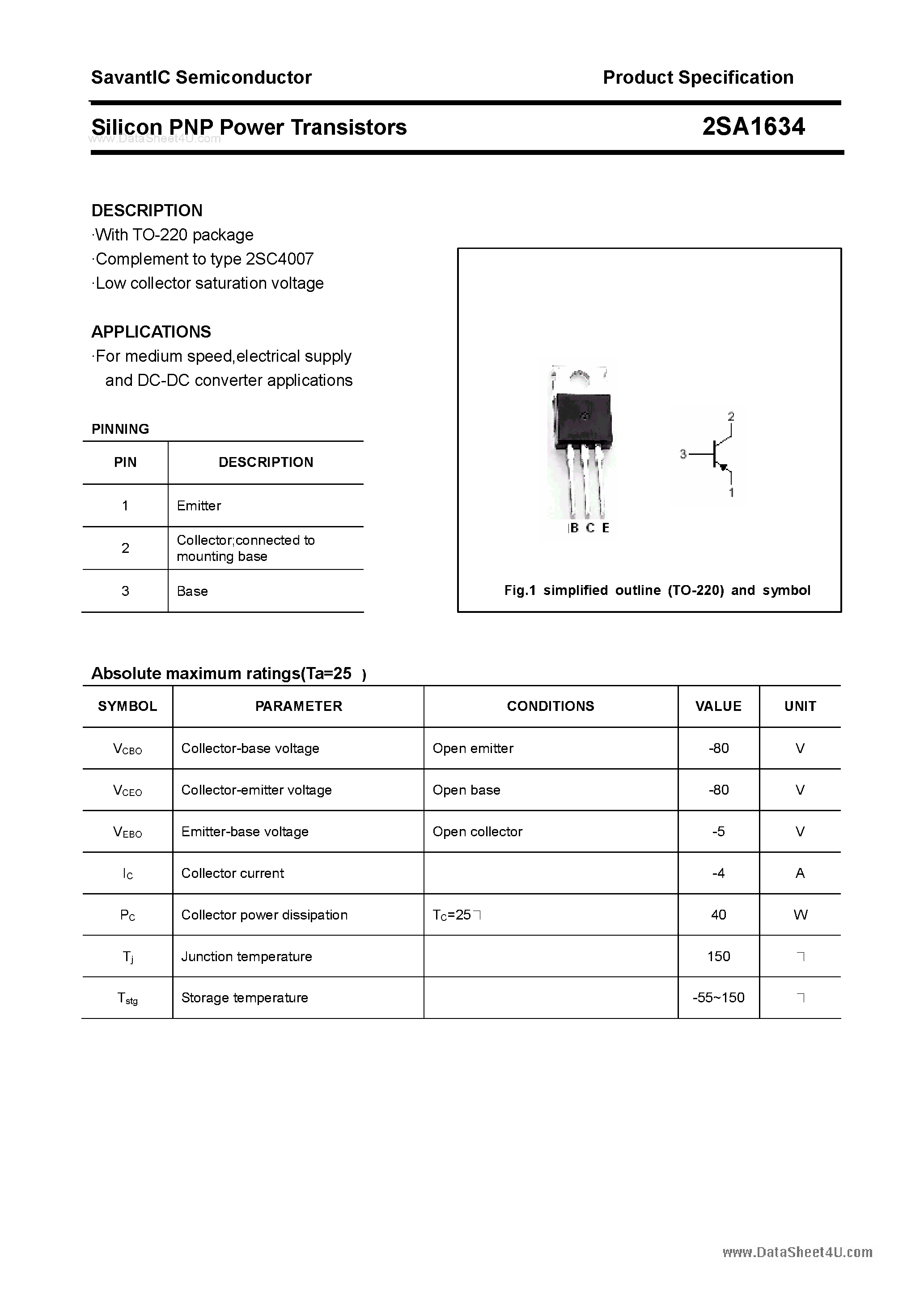 Datasheet 2SA1634 page 1 Datasheet 2SA1634 - SILICON POWER TRANSISTOR page 1