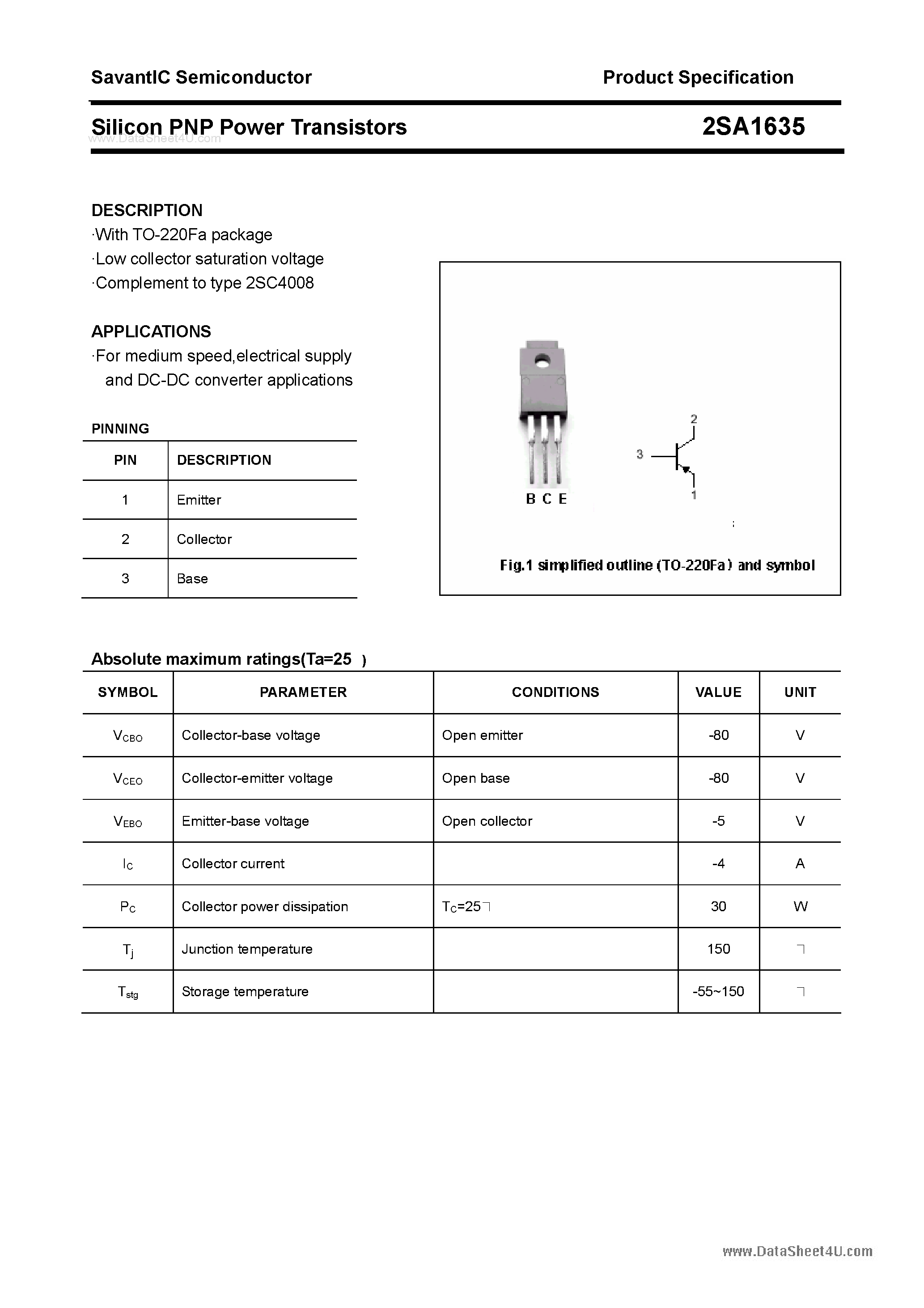 Datasheet 2SA1635 page 1 Datasheet 2SA1635 - SILICON POWER TRANSISTOR page 1