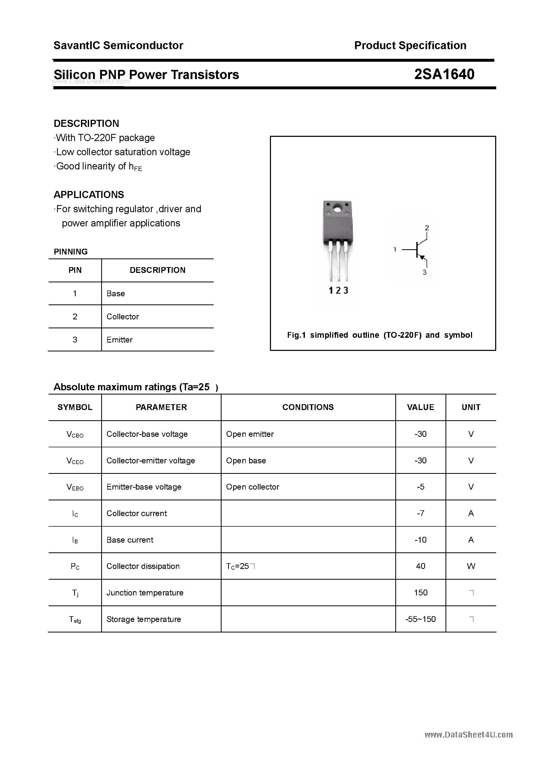 Datasheet 2SA1640 page 1 Datasheet 2SA1640 - SILICON POWER TRANSISTOR page 1