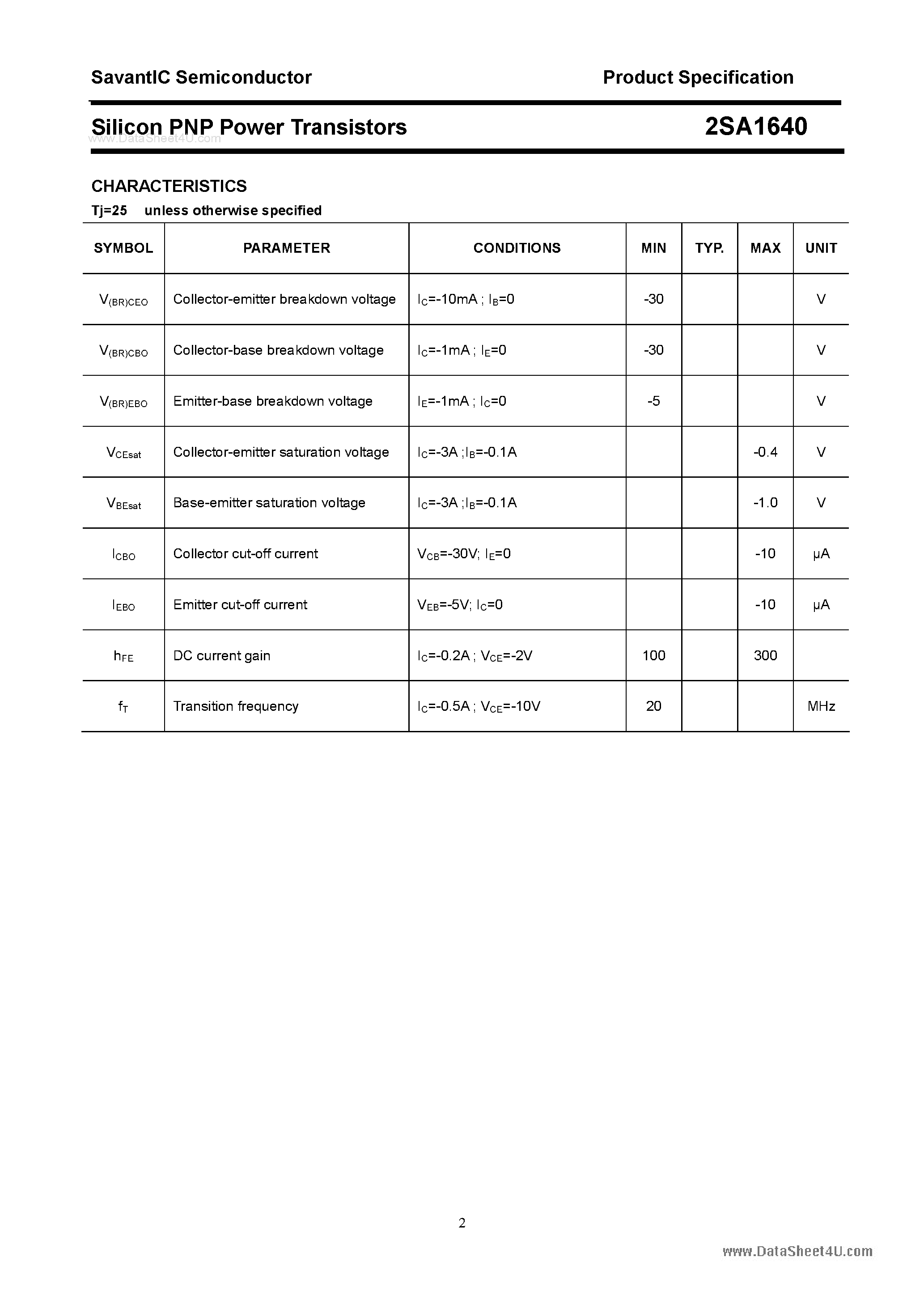 Datasheet 2SA1640 page 2 Datasheet 2SA1640 - SILICON POWER TRANSISTOR page 2