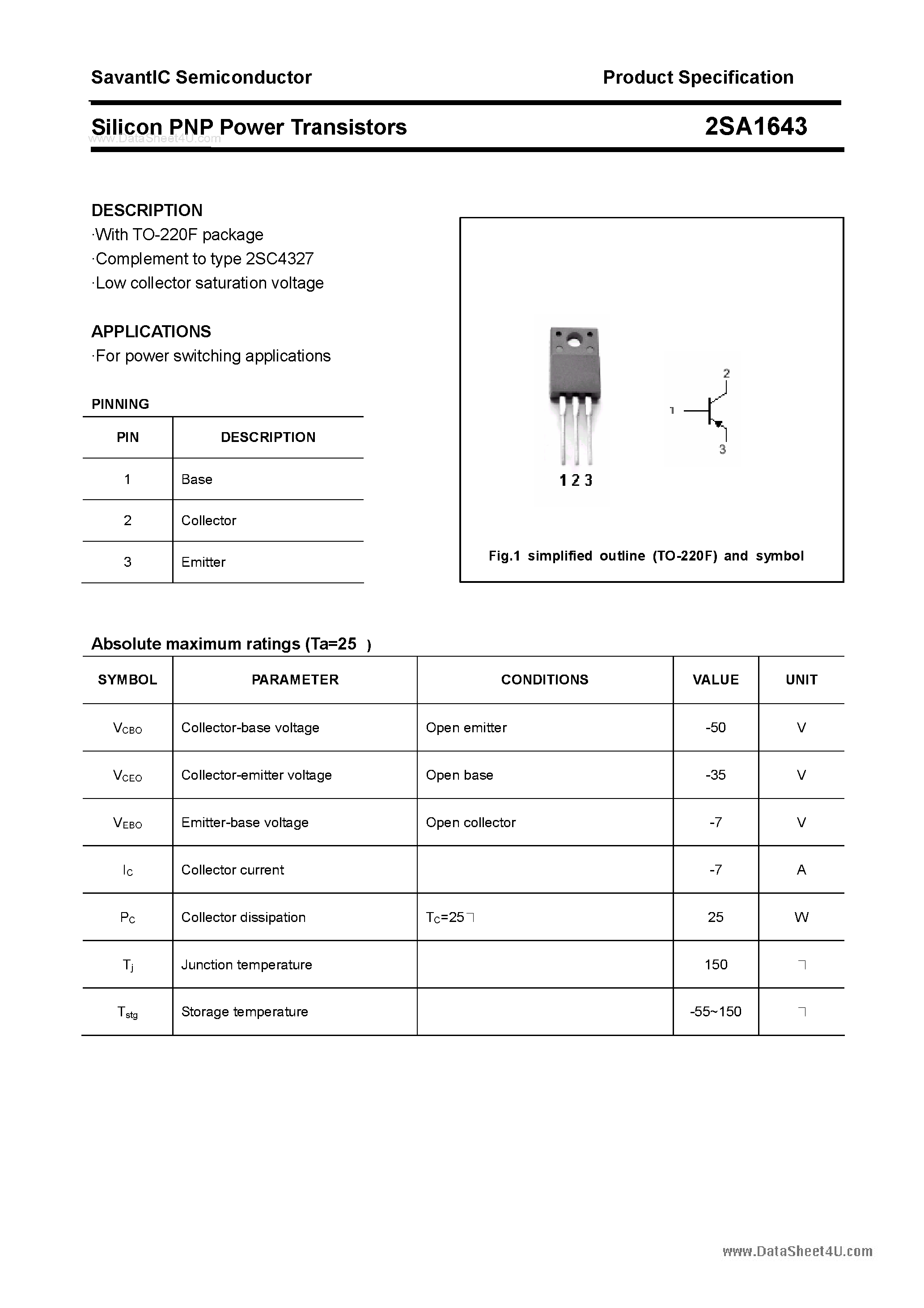 Datasheet 2SA1643 - SILICON POWER TRANSISTOR page 1