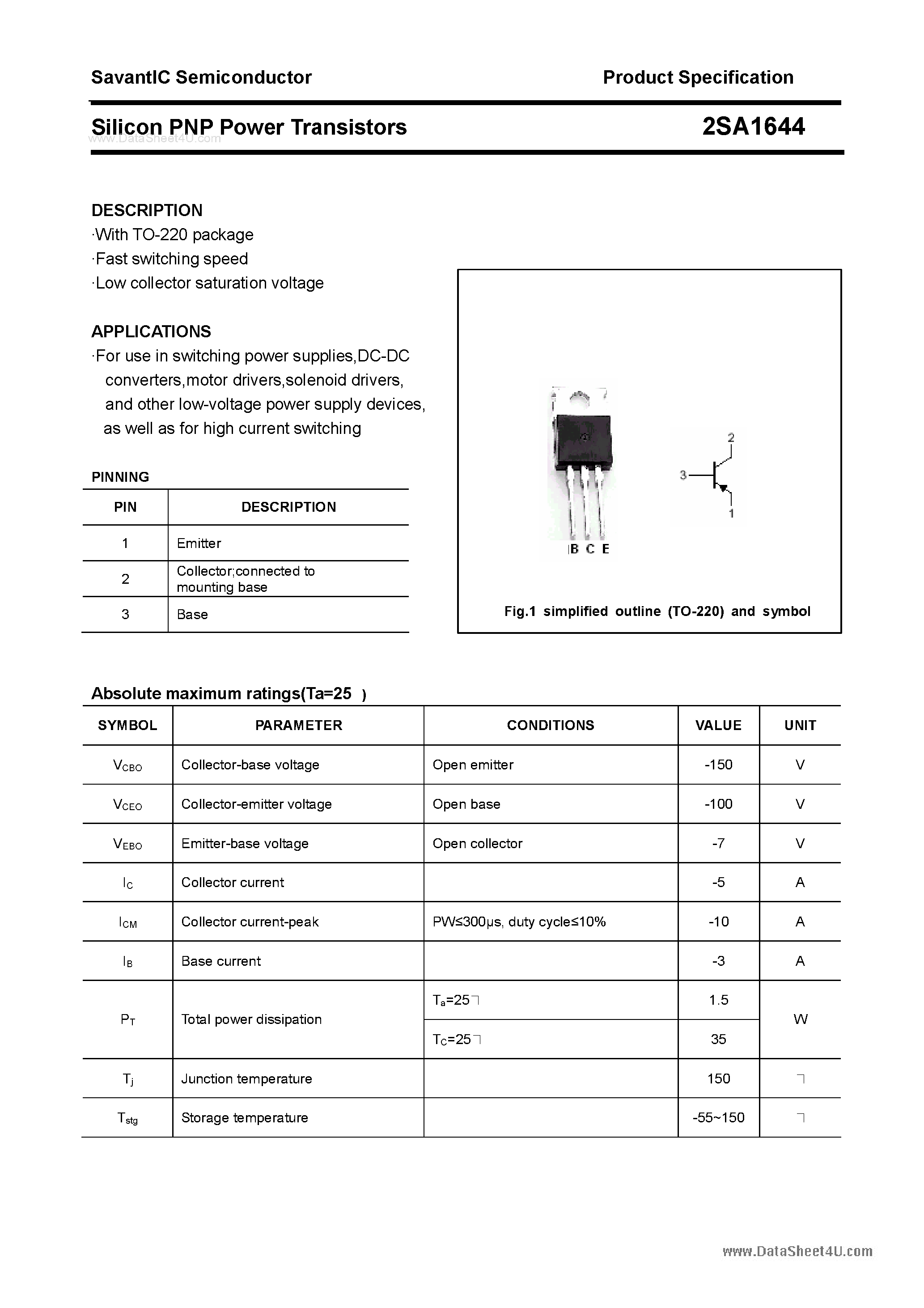 Datasheet 2SA1644 - SILICON POWER TRANSISTOR page 1