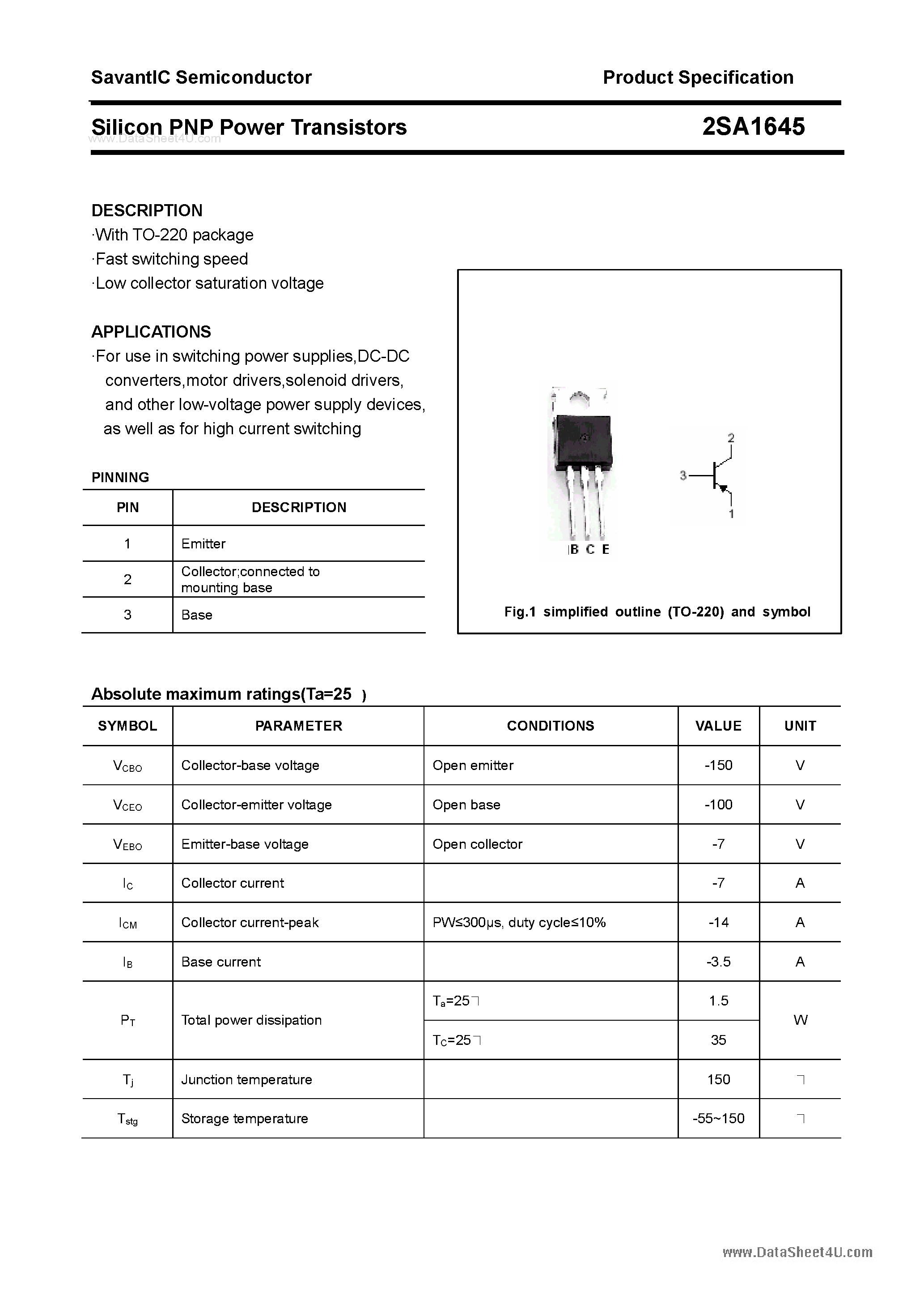 Datasheet 2SA1645 - SILICON POWER TRANSISTOR page 1