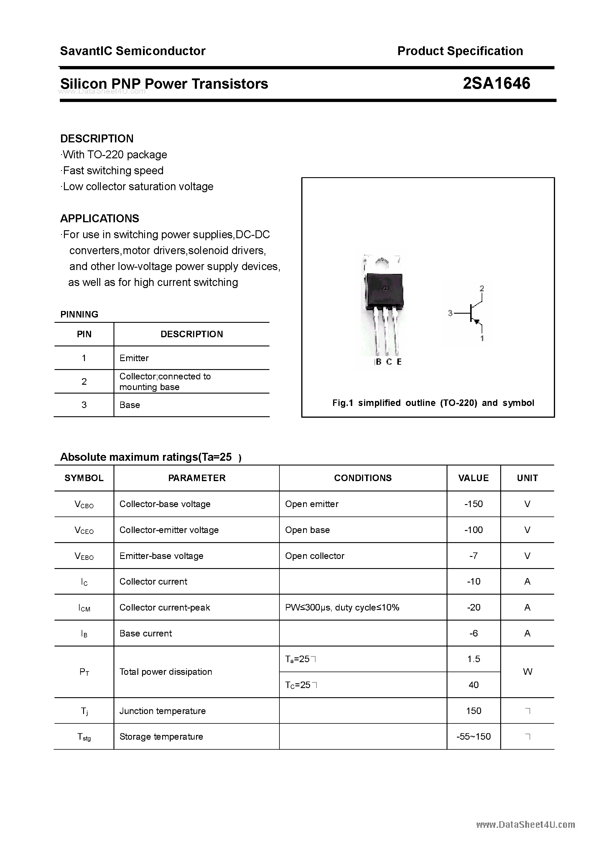 Datasheet 2SA1646 page 1 Datasheet 2SA1646 - SILICON POWER TRANSISTOR page 1