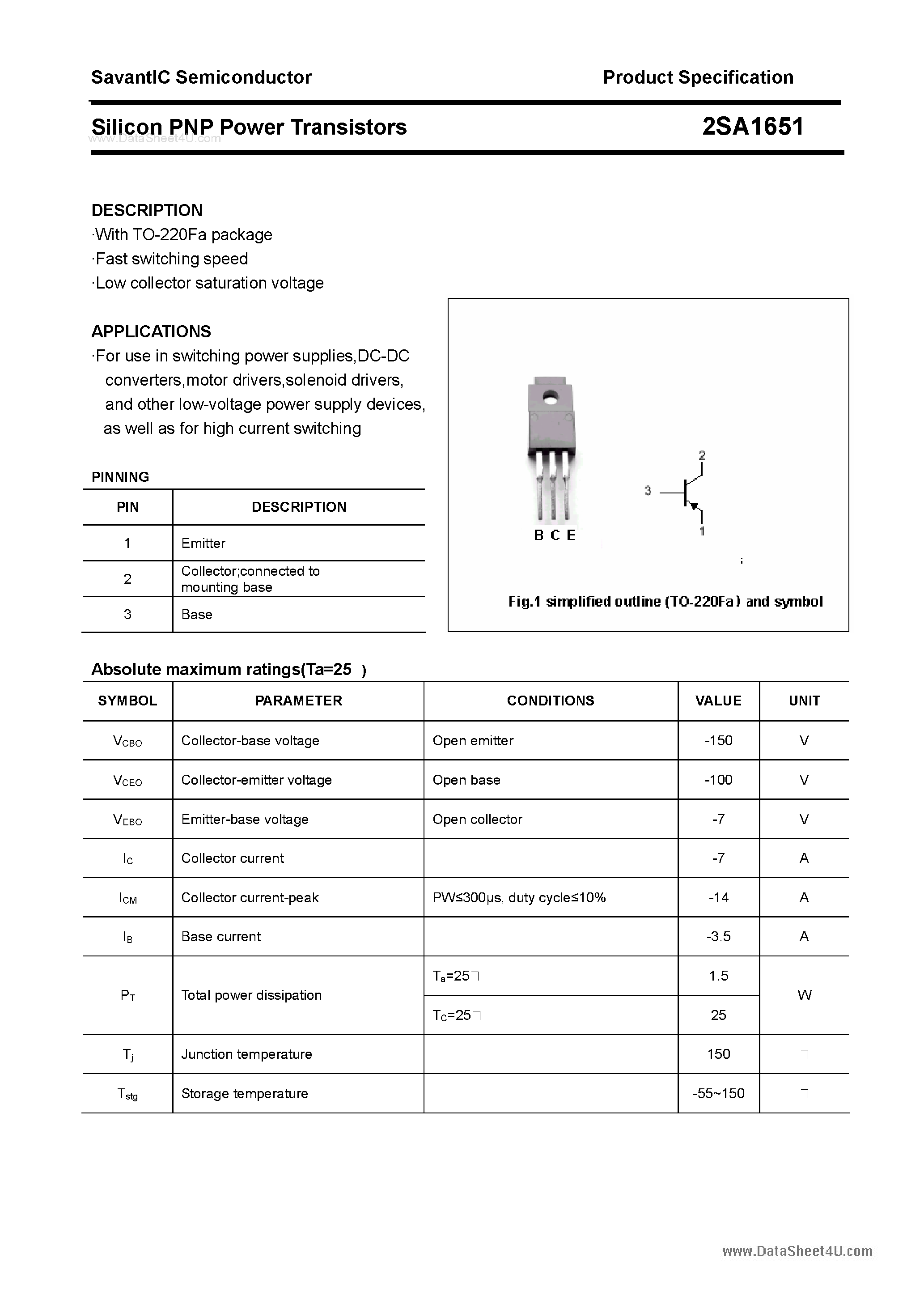 Datasheet 2SA1651 - SILICON POWER TRANSISTOR page 1