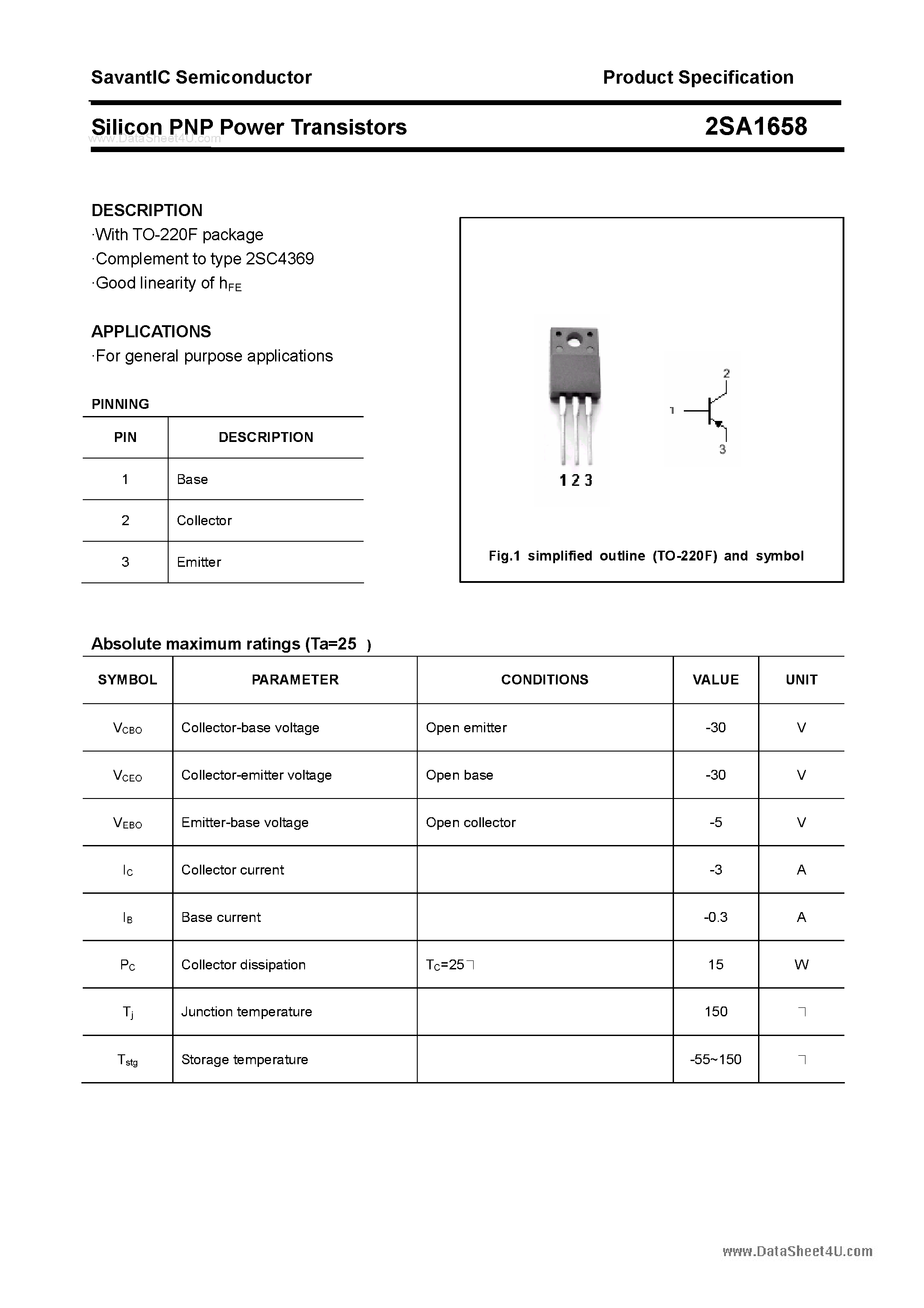 Datasheet 2SA1658 page 1 Datasheet 2SA1658 - SILICON POWER TRANSISTOR page 1